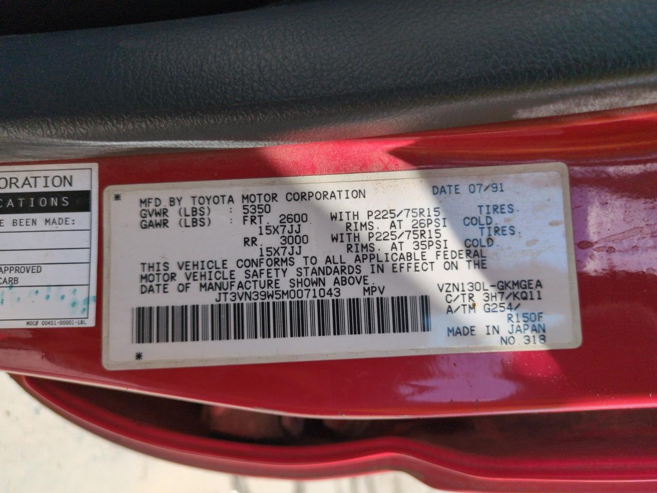 1991 Toyota 4runner Vn39 Sr5 Red vin: JT3VN39W5M0071043