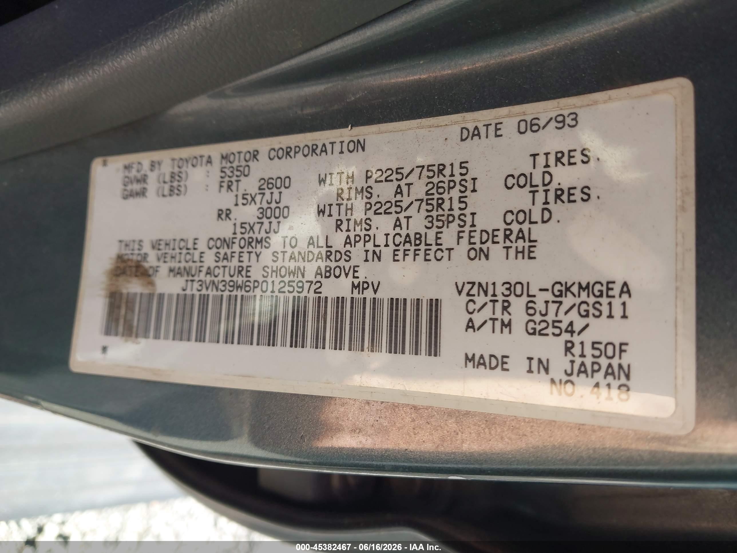1993 Toyota 4runner Vn39 Sr5 Gray vin: JT3VN39W6P0125972