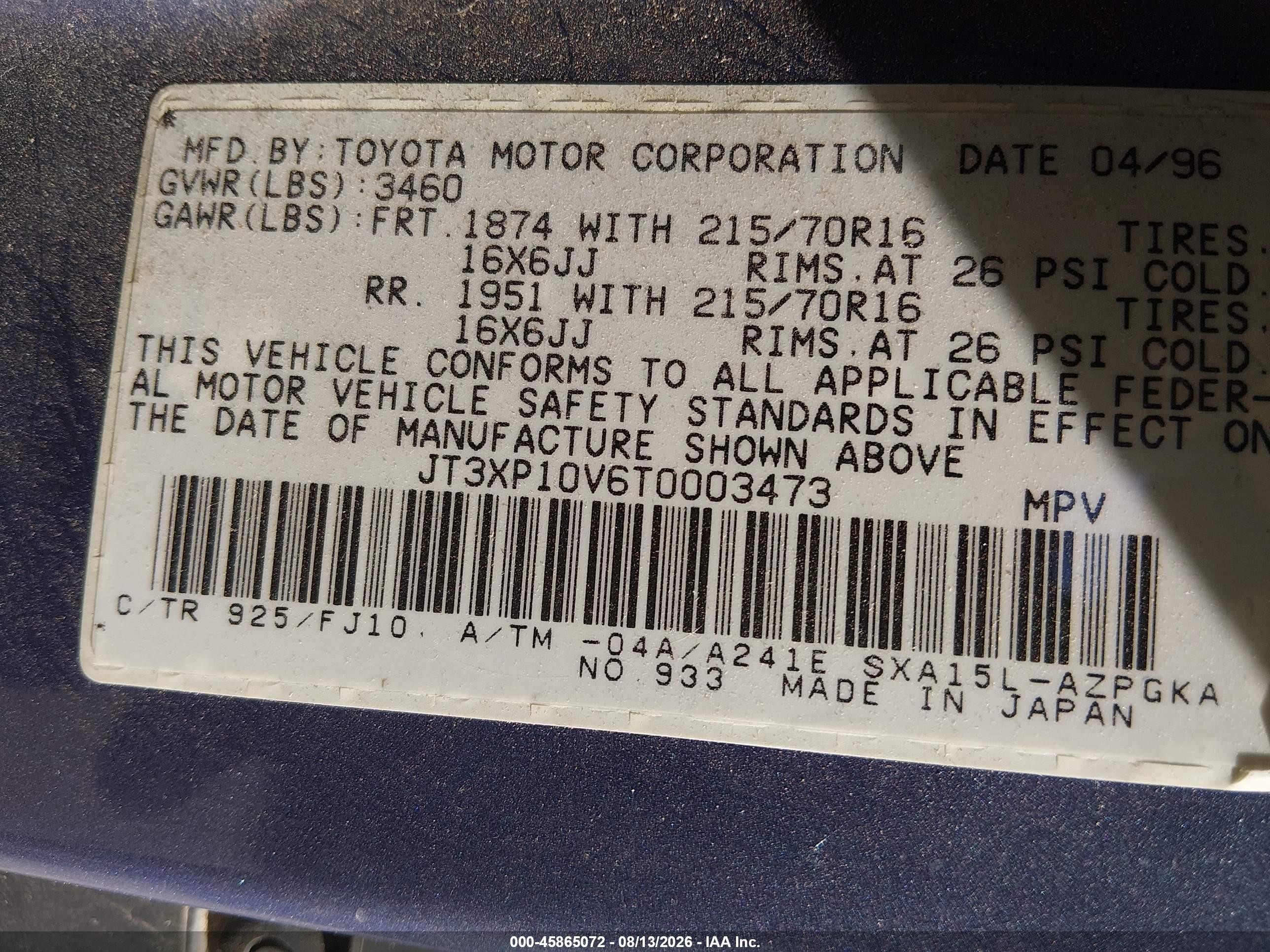 1996 Toyota Rav4   Blue vin: JT3XP10V6T0003473