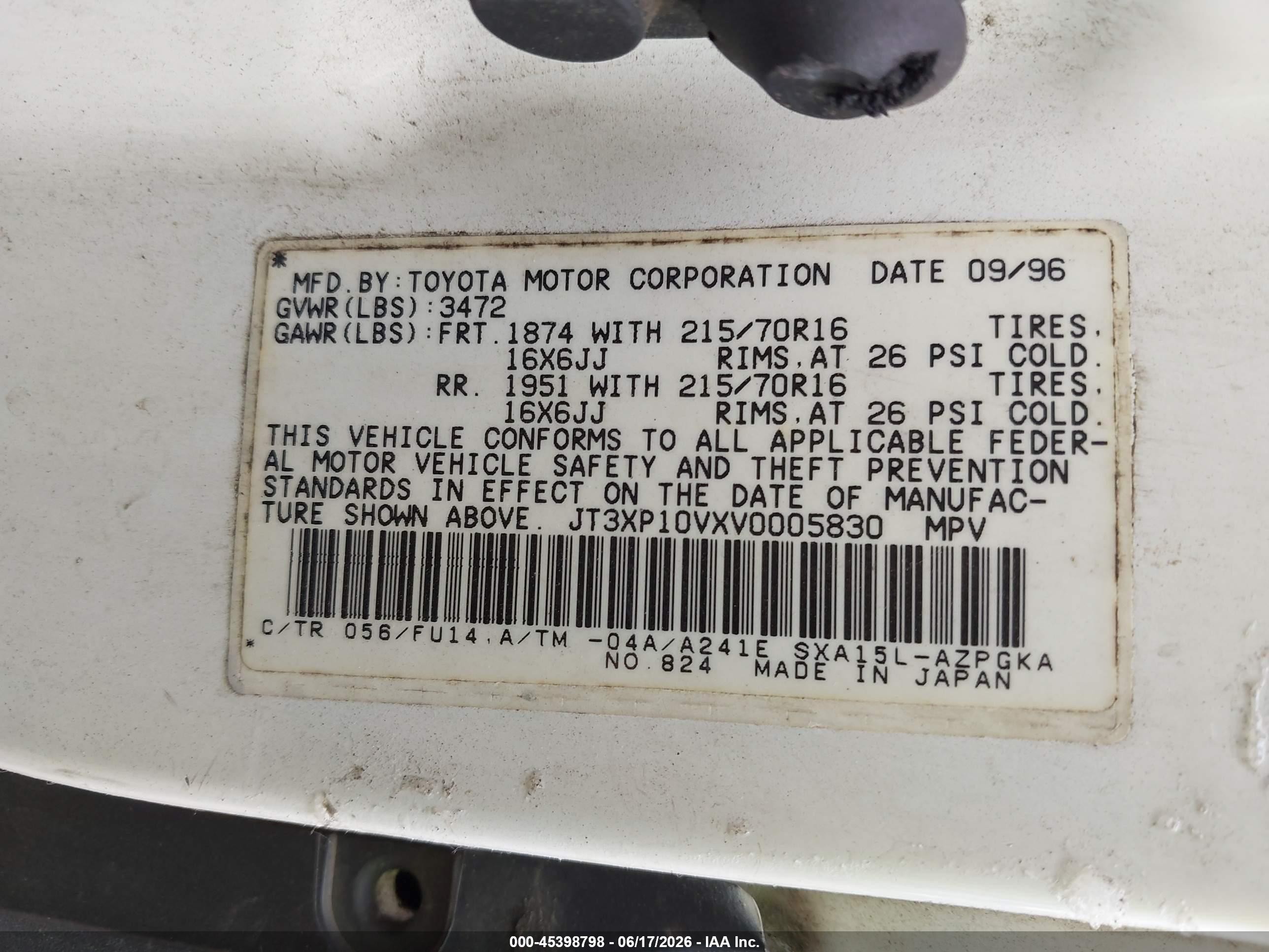 1997 Toyota Rav4   White vin: JT3XP10VXV0005830