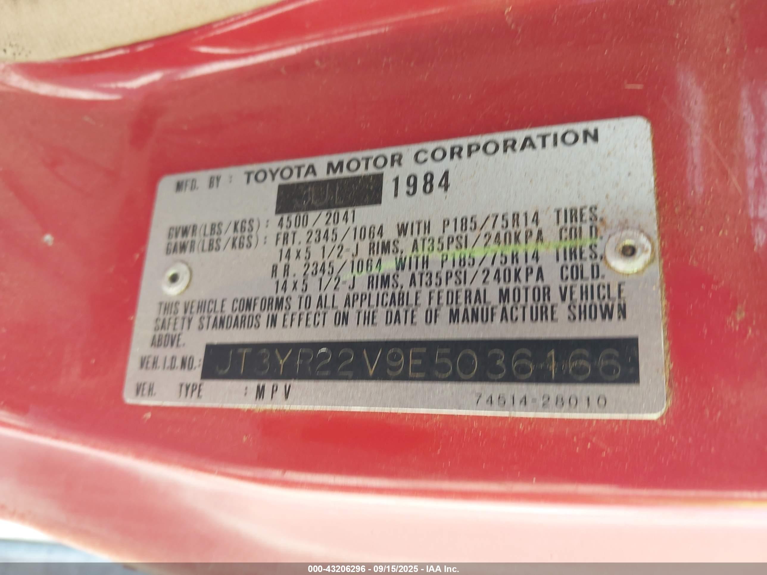 1984 Toyota Van Wagon Deluxe Red vin: JT3YR22V9E5036166