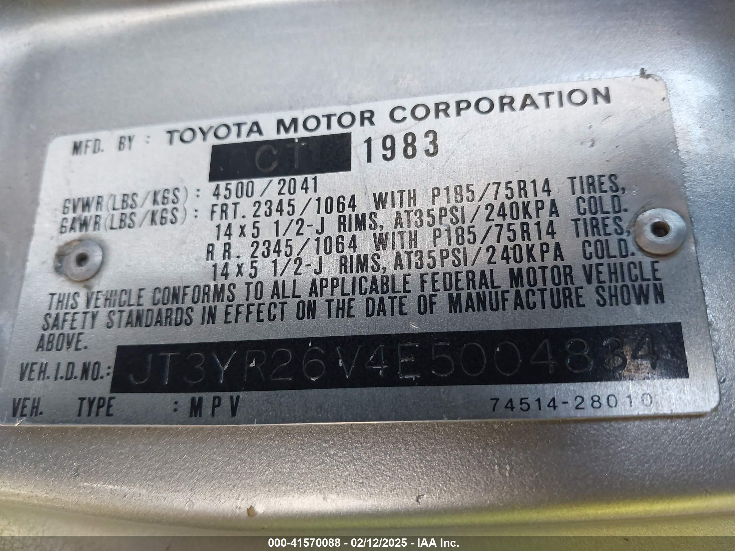 1984 Toyota Van Wagon Le Silver vin: JT3YR26V4E5004834