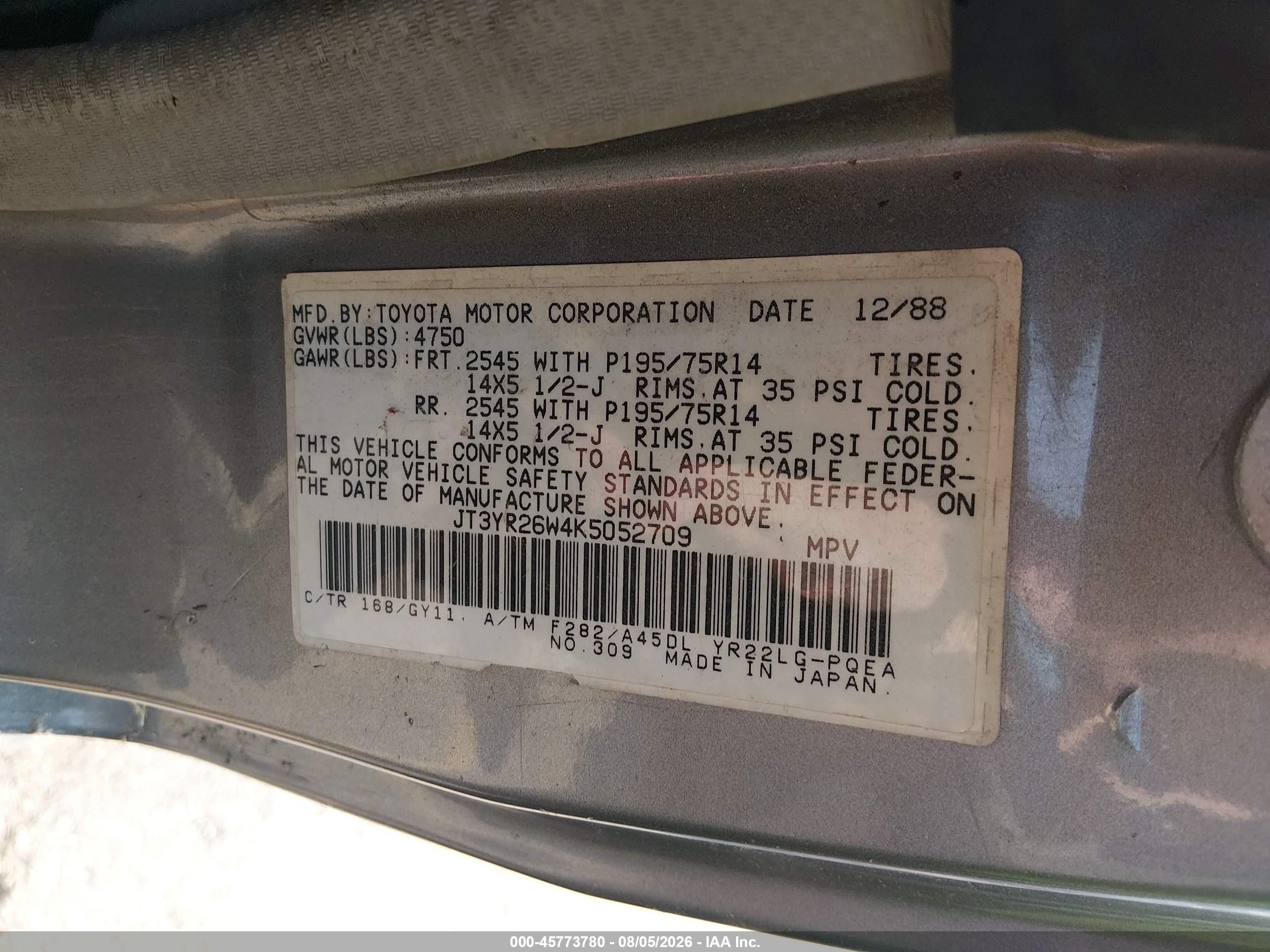 1989 Toyota Van Wagon Le Gray vin: JT3YR26W4K5052709