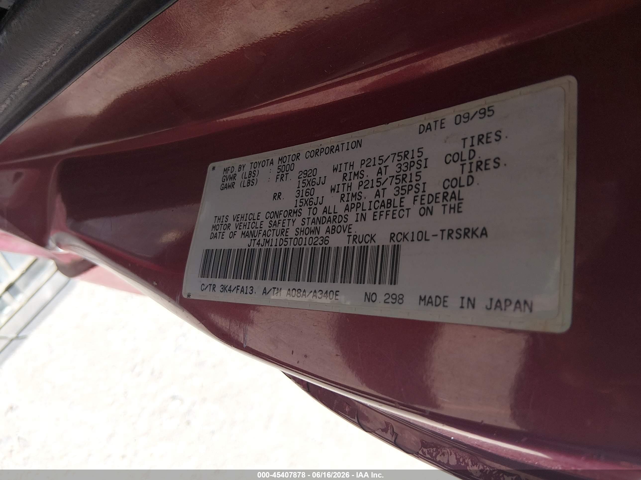 1996 Toyota T100 Red vin: JT4JM11D5T0010236