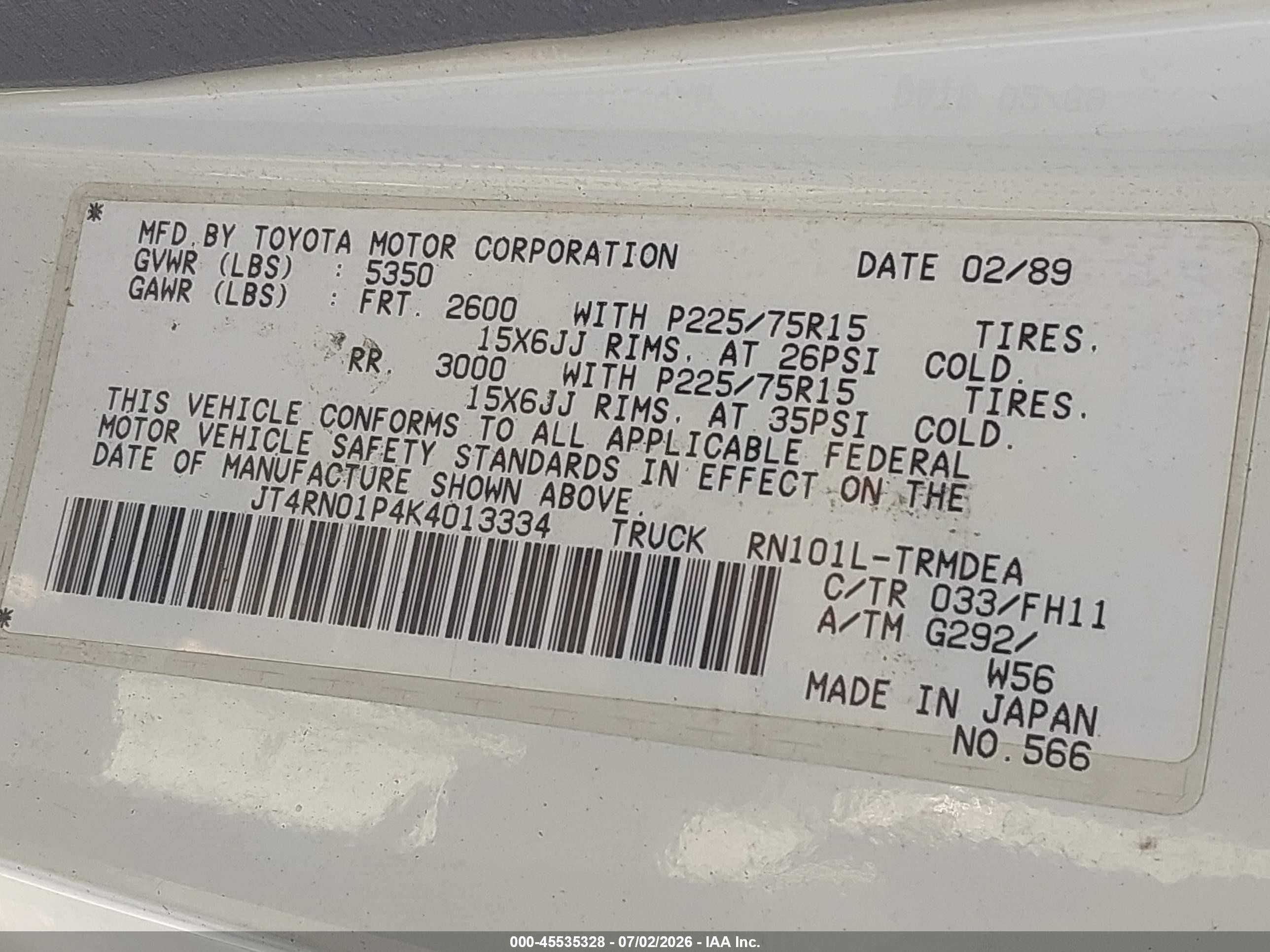 1989 Toyota Pickup 1/2 Ton Sht Wheelbase Dlx White vin: JT4RN01P4K4013334