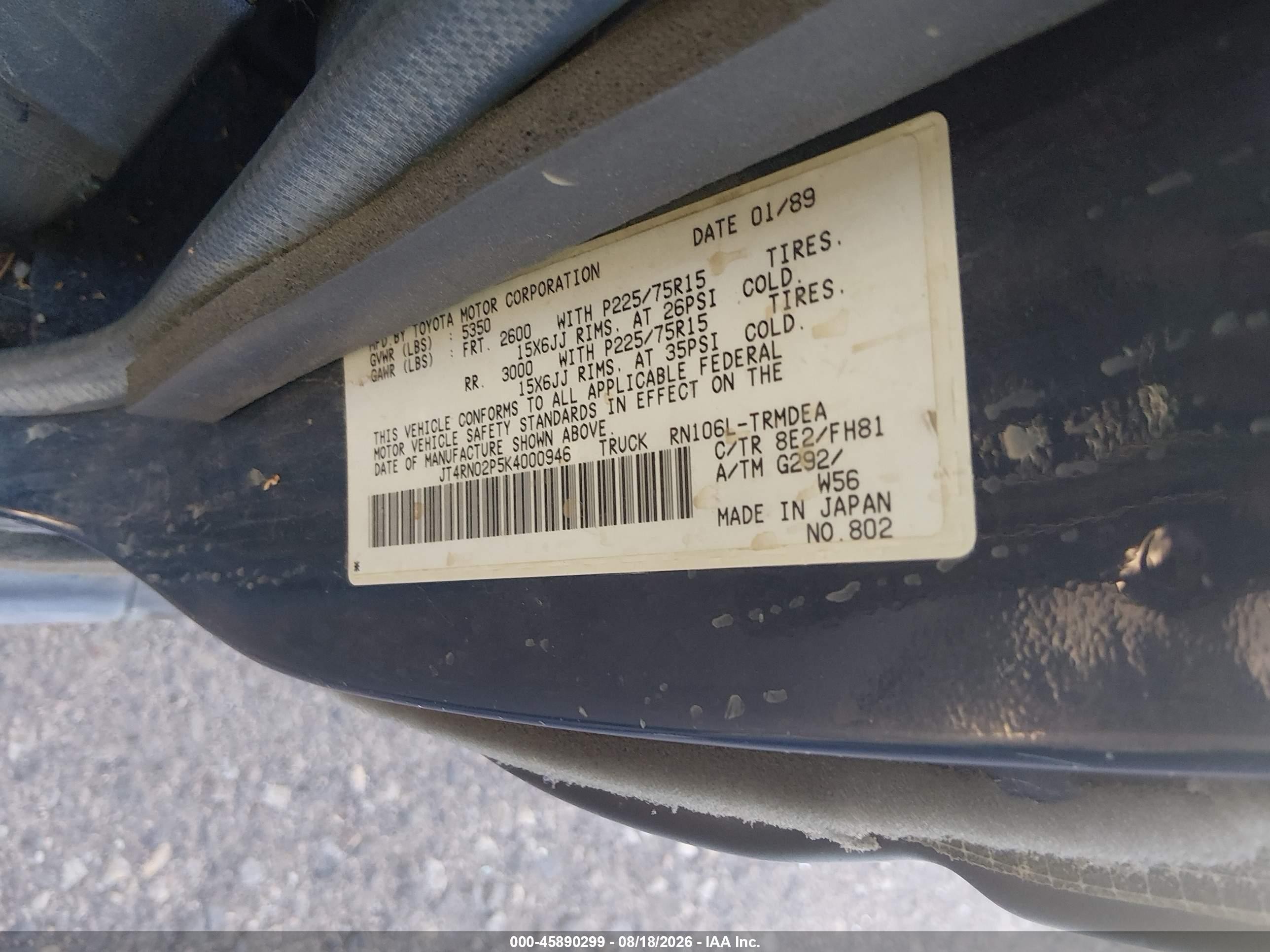 1989 Toyota Pickup 1/2 Ton Lng Wheelbase Dlx Black vin: JT4RN02P5K4000946