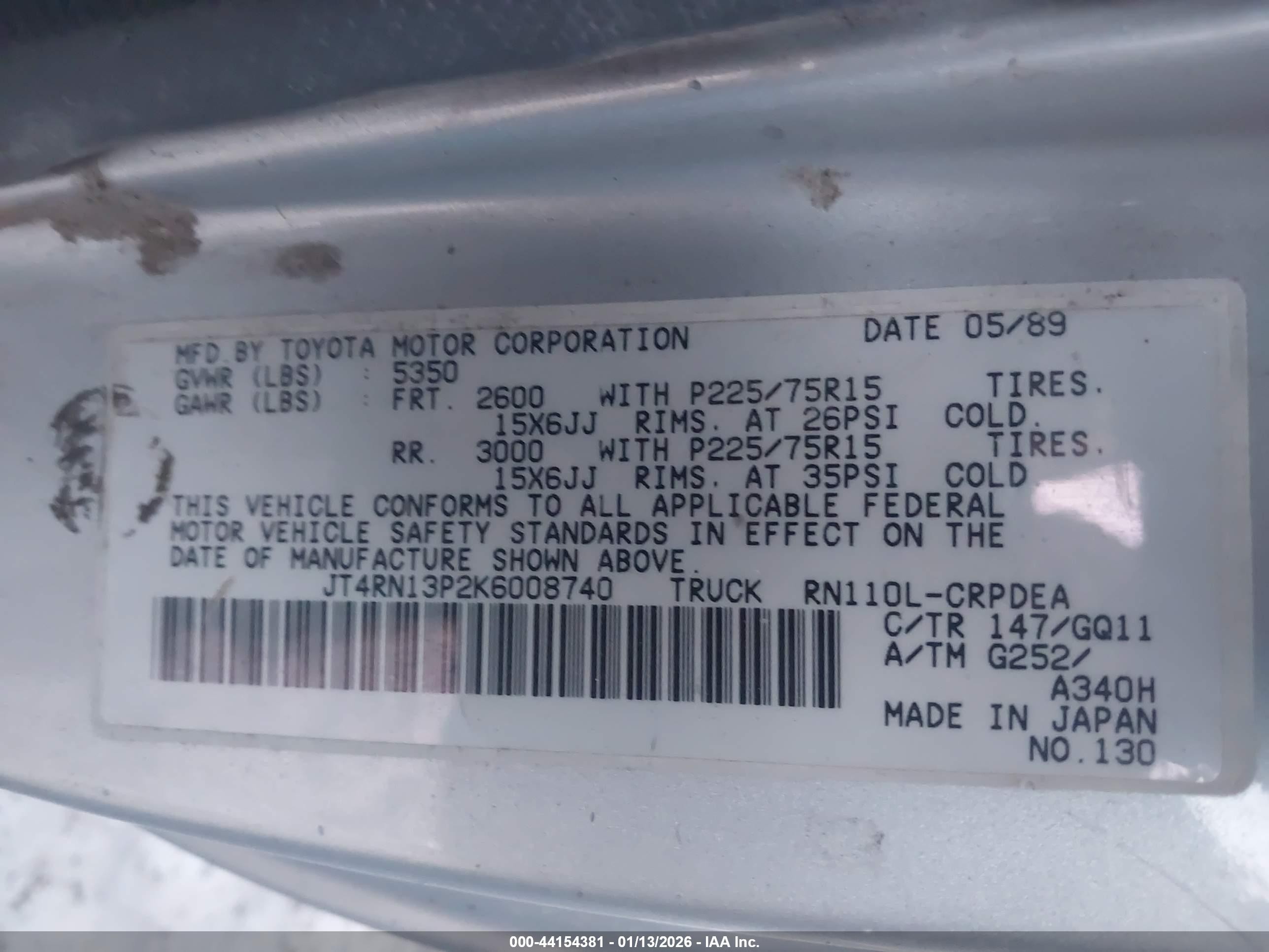 1989 Toyota Pickup 1/2 Ton Ex Lng Whlbse Dlx Silver vin: JT4RN13P2K6008740
