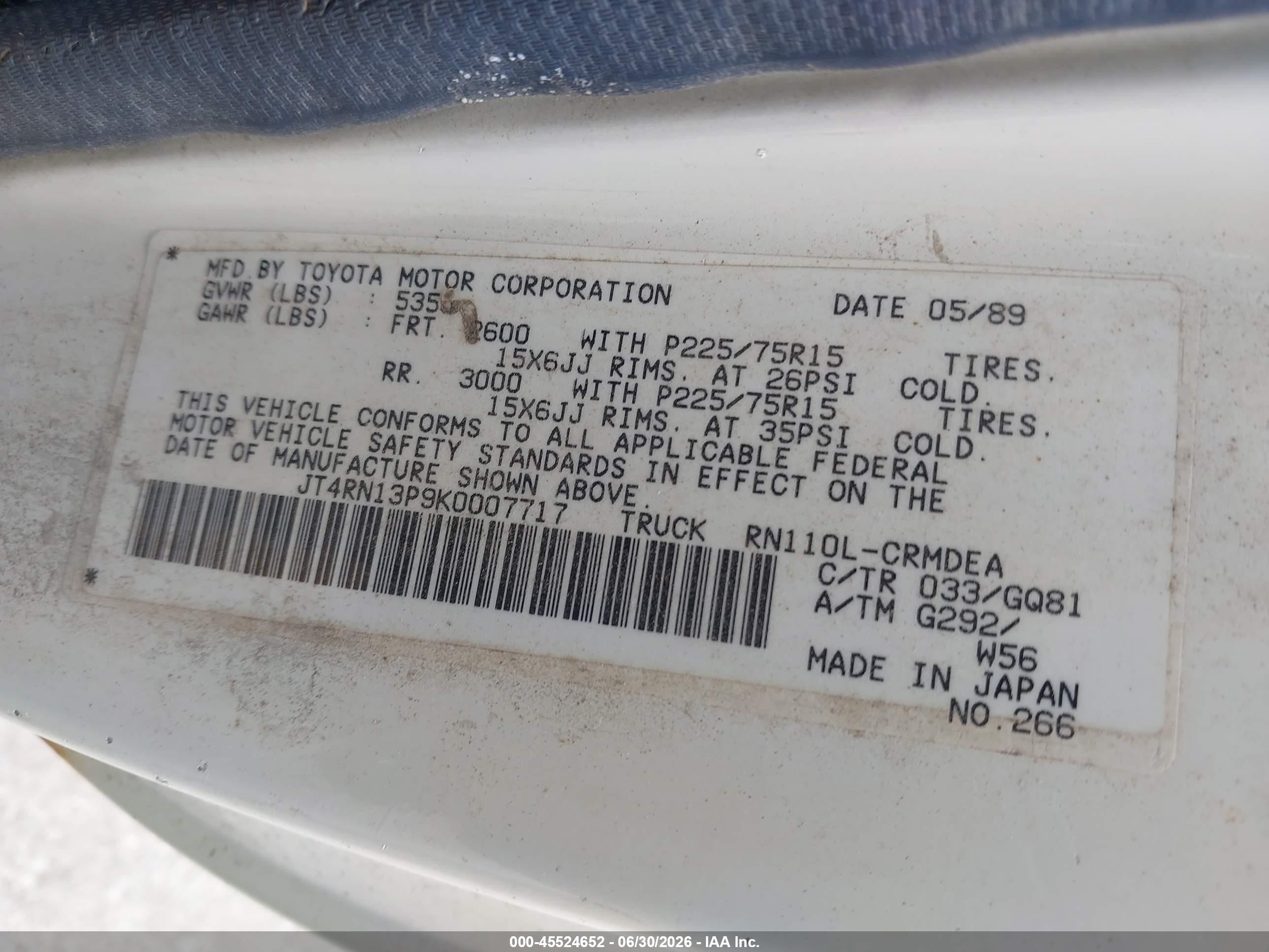 1989 Toyota Pickup 1/2 Ton Ex Lng Whlbse Dlx White vin: JT4RN13P9K0007717