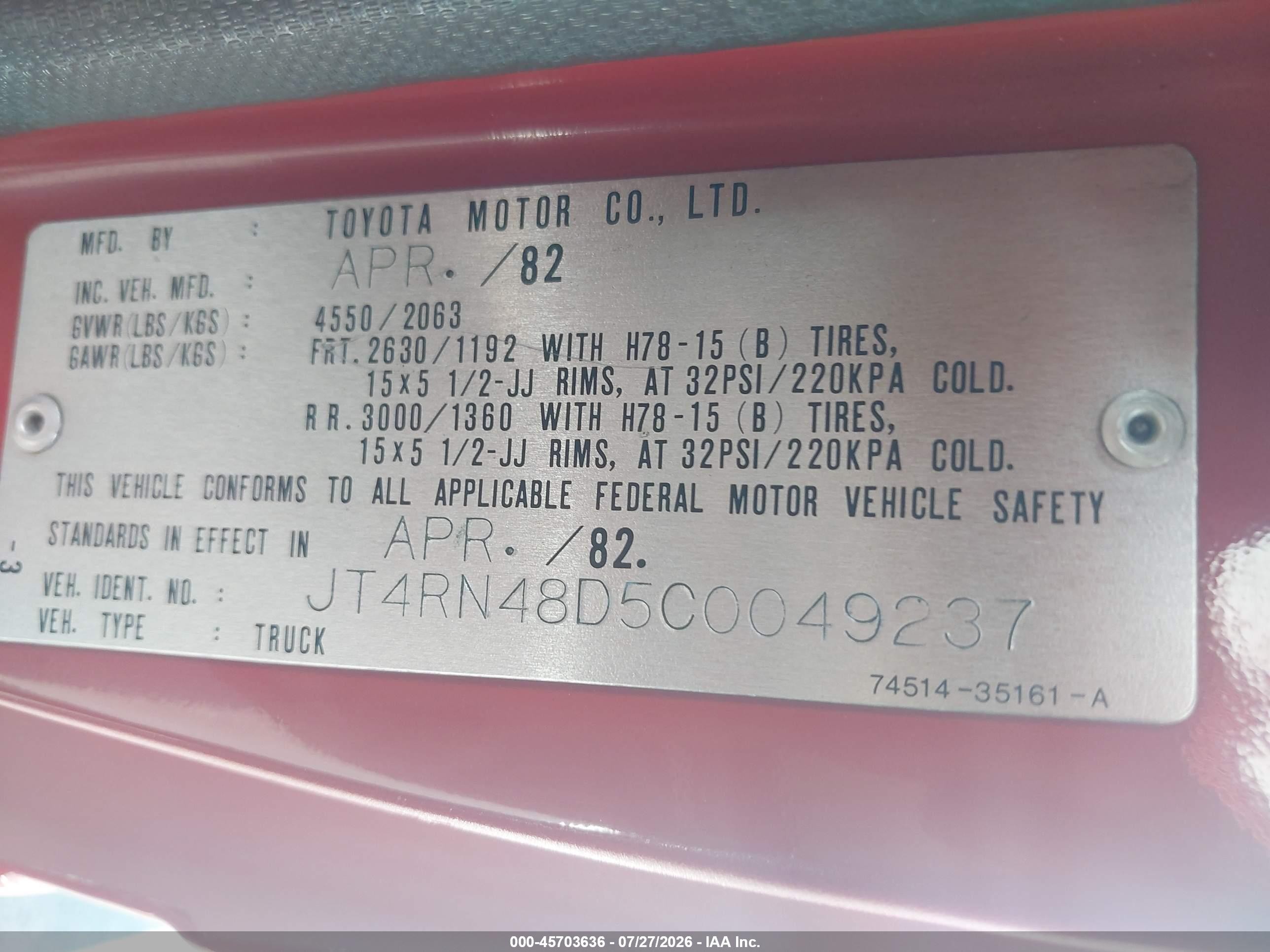 1982 Toyota Pickup Rn48 Red vin: JT4RN48D5C0049237