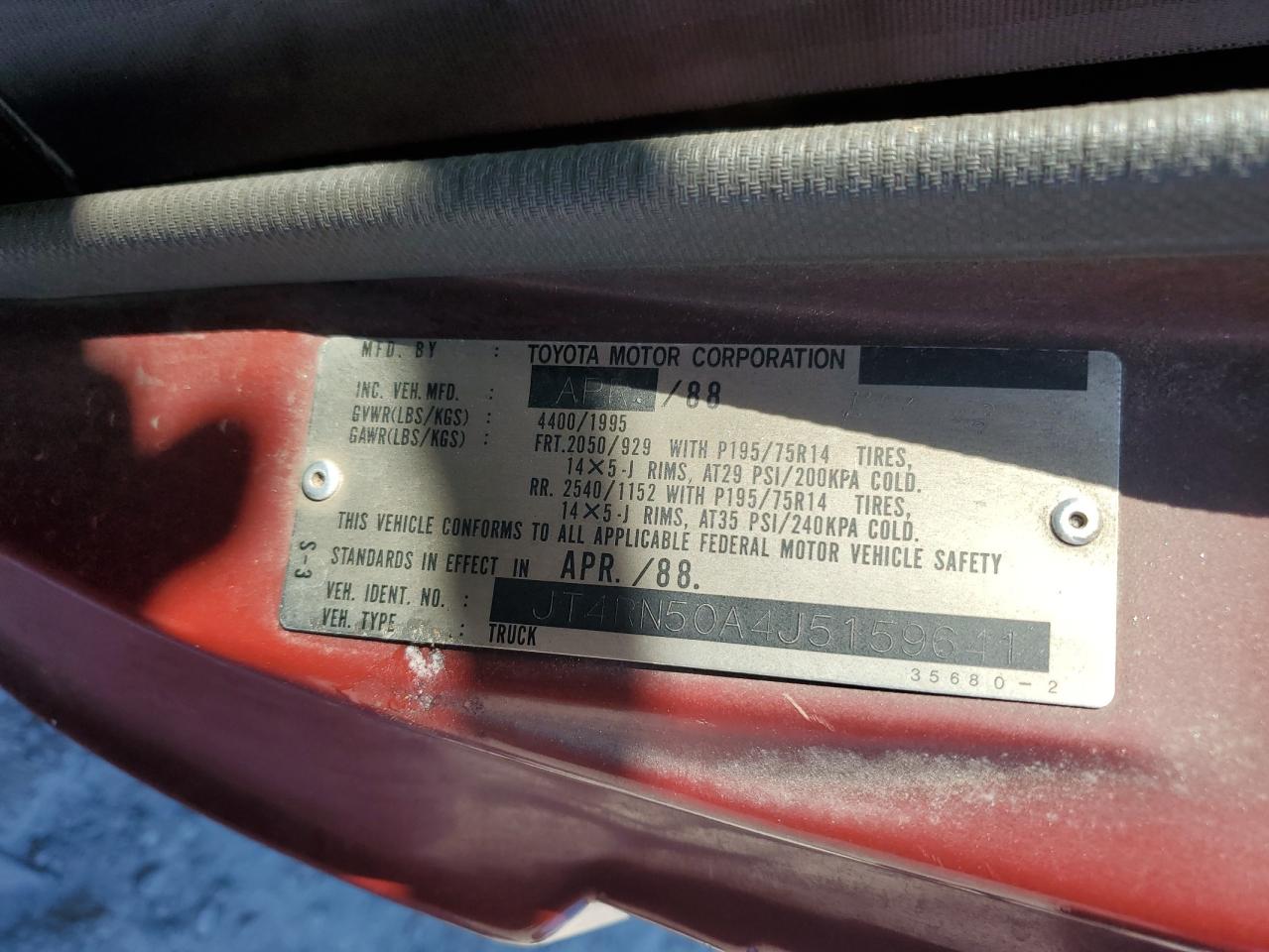 1988 Toyota Pickup 1/2 Ton Rn50 Red vin: JT4RN50A4J5159641