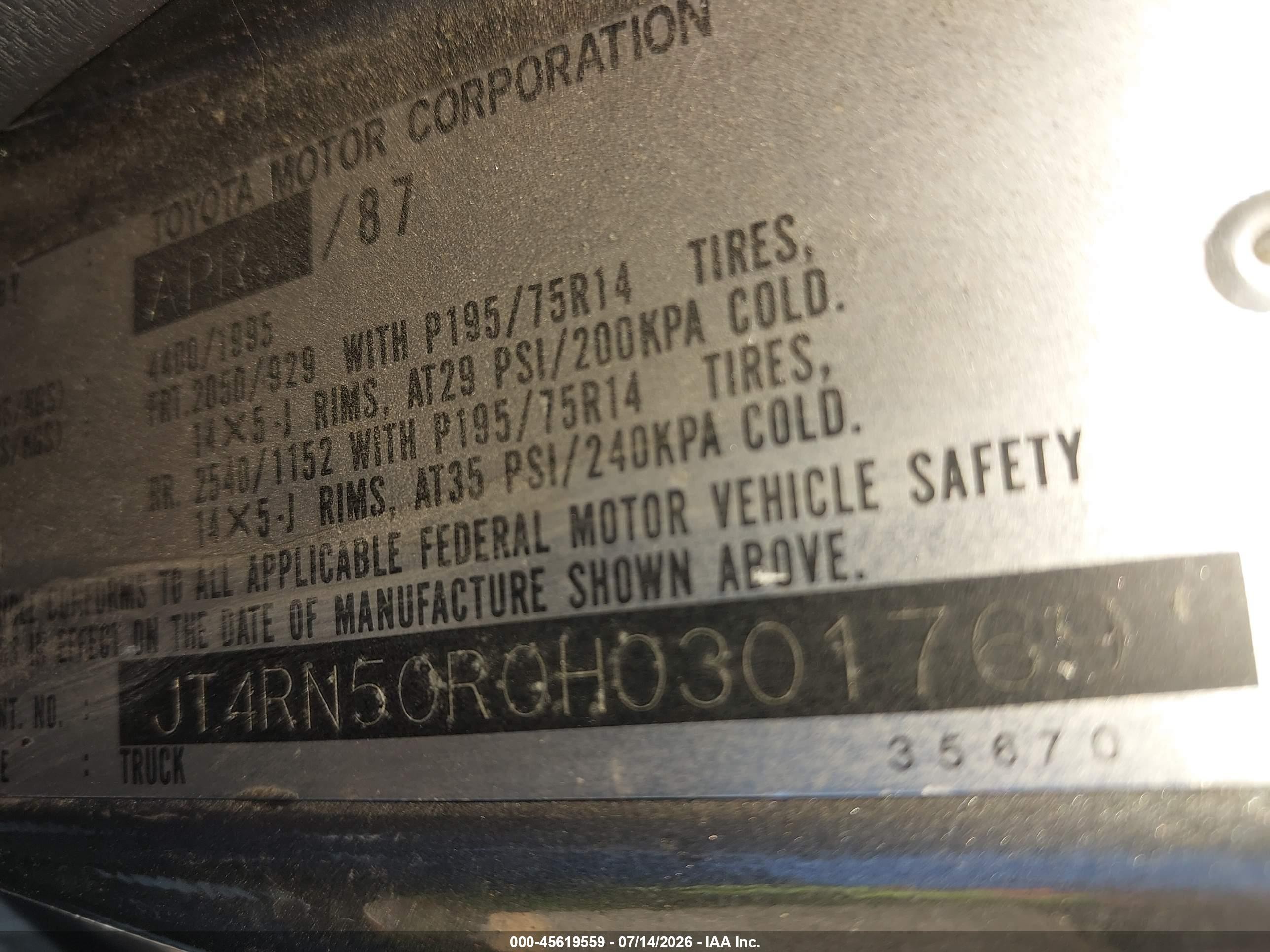 1987 Toyota Pickup 1/2 Ton Rn50 Gray vin: JT4RN50R0H0301769