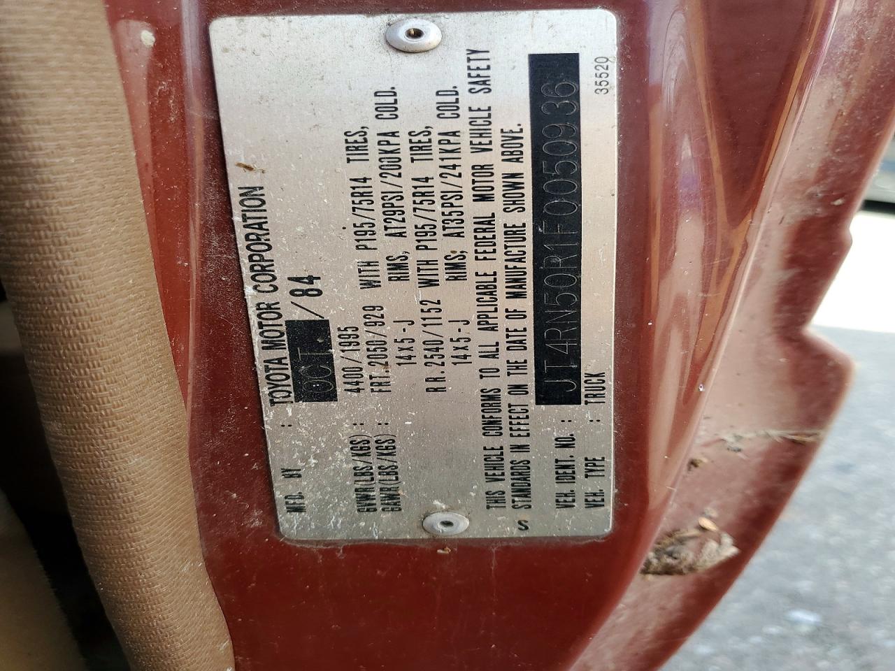 1985 Toyota Pickup 1/2 Ton Rn50 Brown vin: JT4RN50R1F0050936