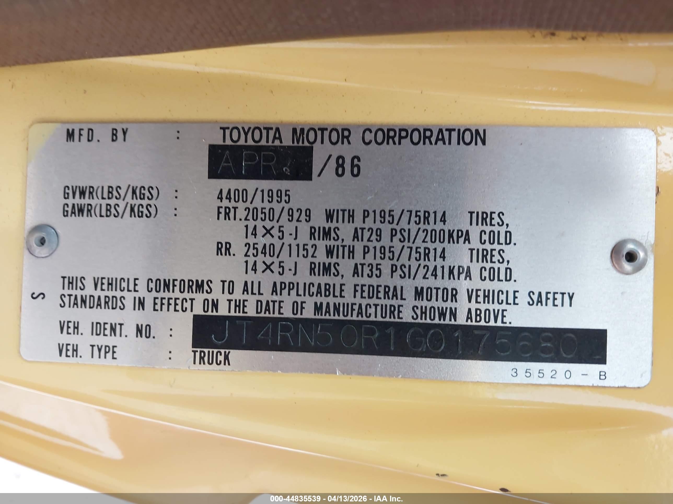 1986 Toyota Pickup 1/2 Ton Rn50 Yellow vin: JT4RN50R1G0175680