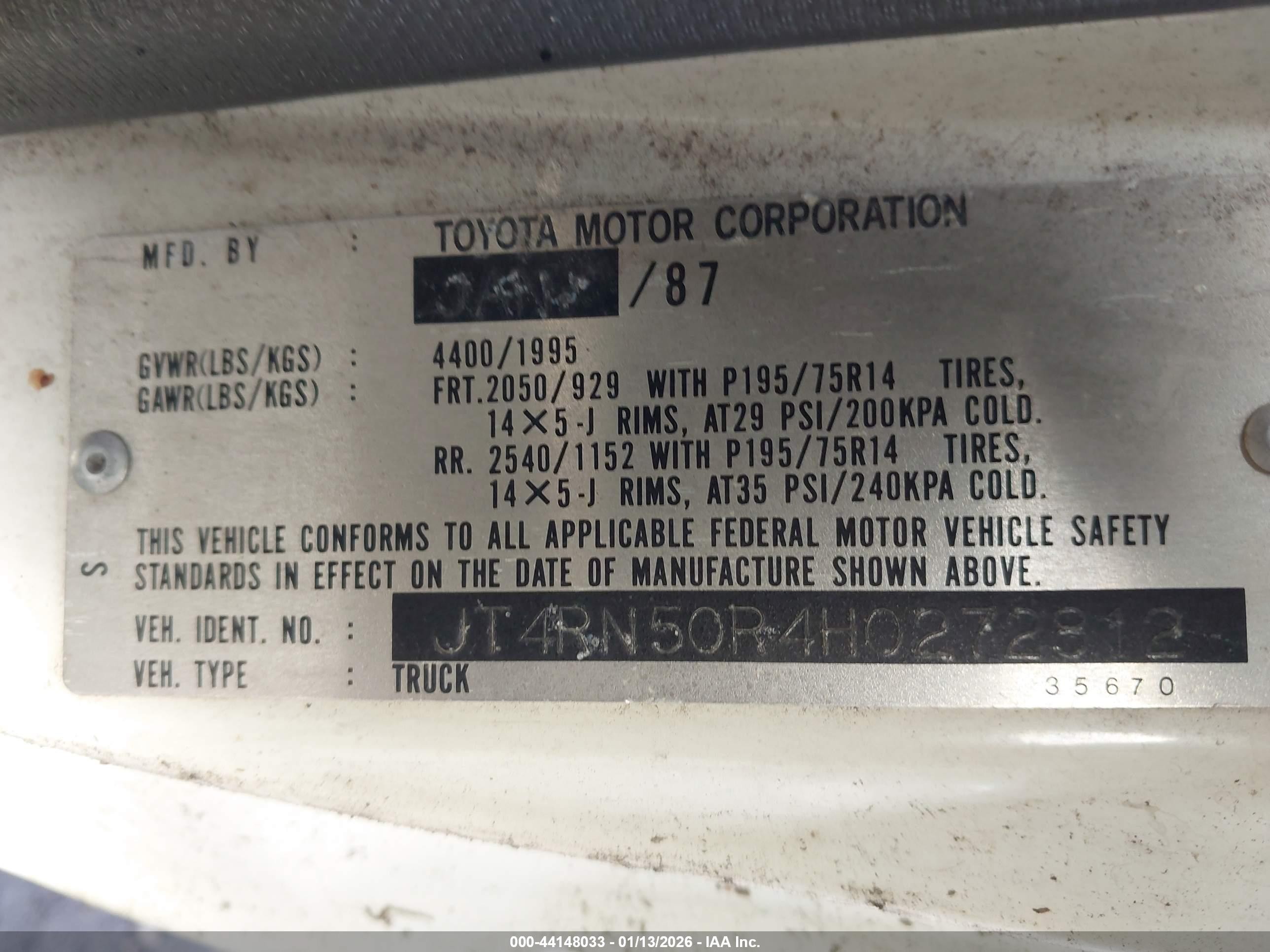 1987 Toyota Pickup 1/2 Ton Rn50 White vin: JT4RN50R4H0272812