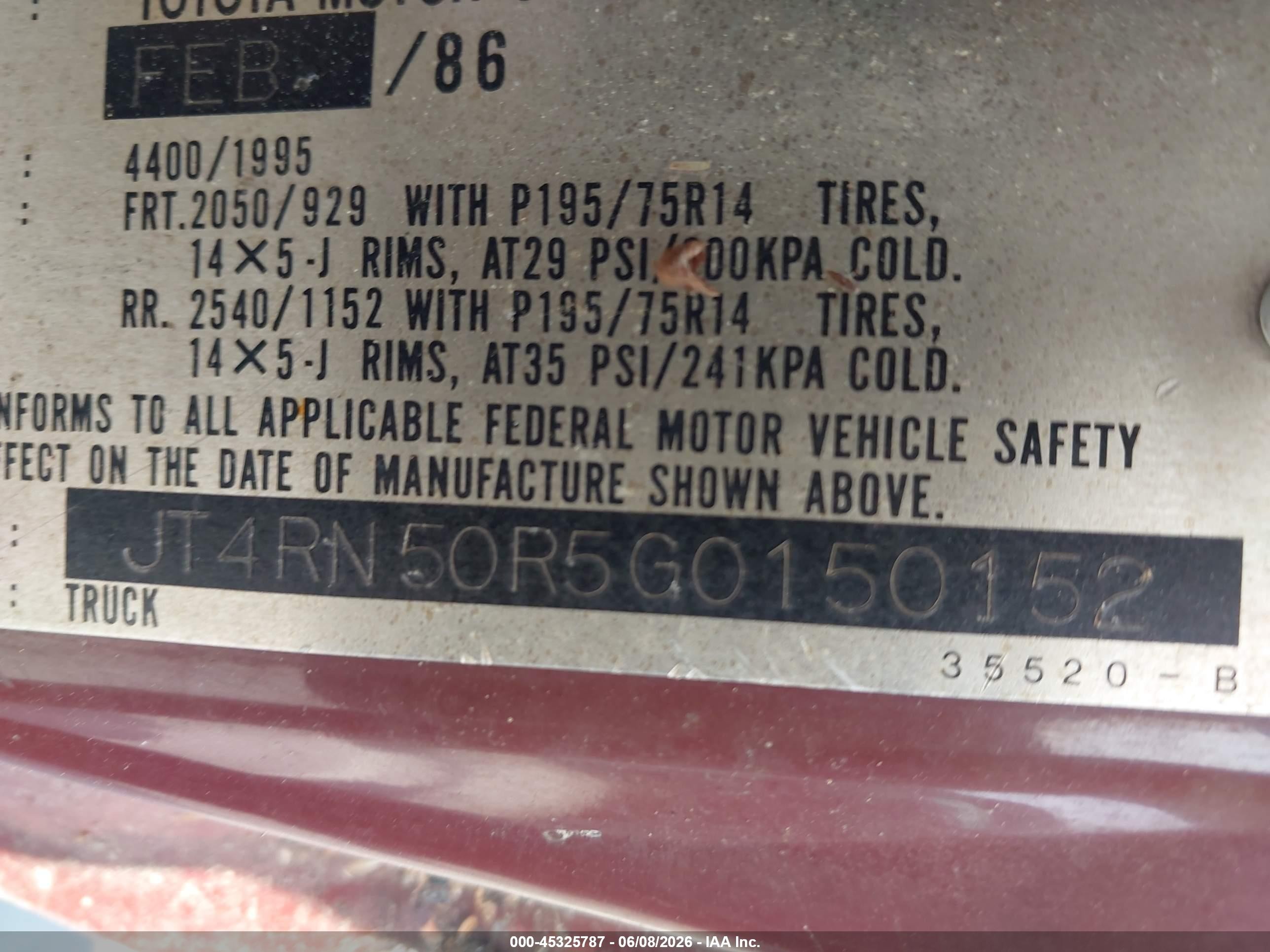1986 Toyota Pickup 1/2 Ton Rn50 Red vin: JT4RN50R5G0150152
