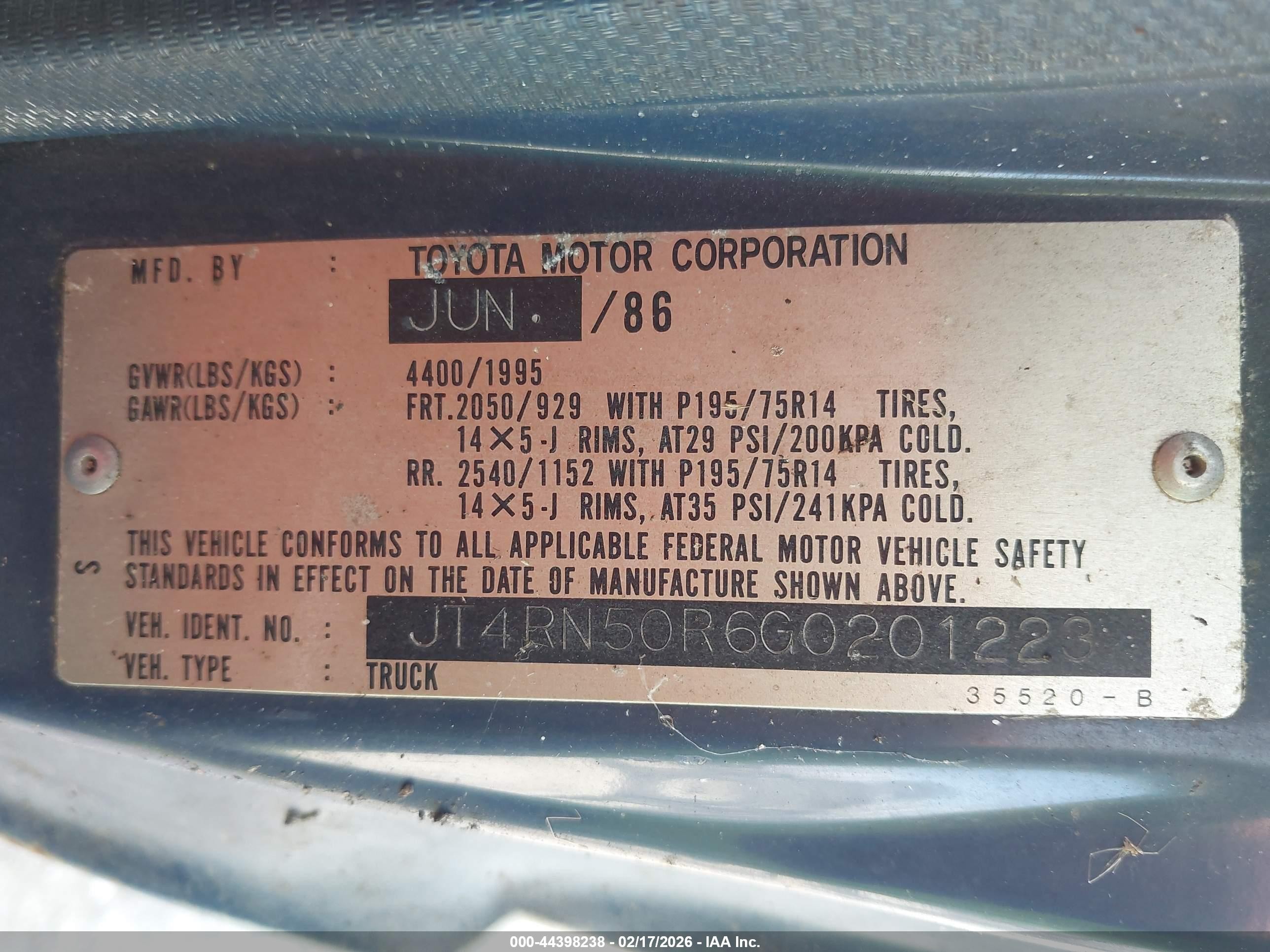 1986 Toyota Pickup 1/2 Ton Rn50 Blue vin: JT4RN50R6G0201223