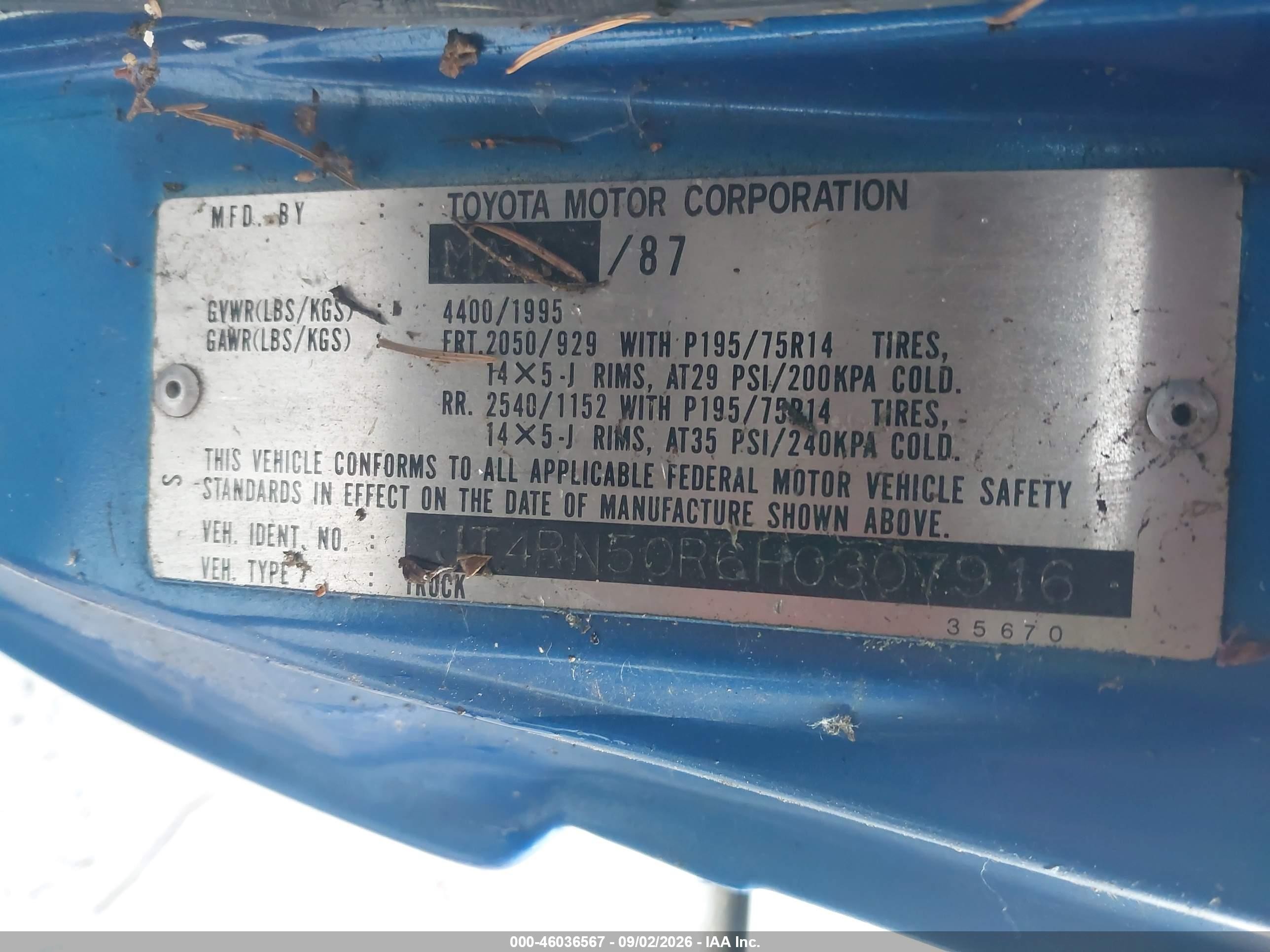 1987 Toyota Pickup 1/2 Ton Rn50 Blue vin: JT4RN50R6H0307916