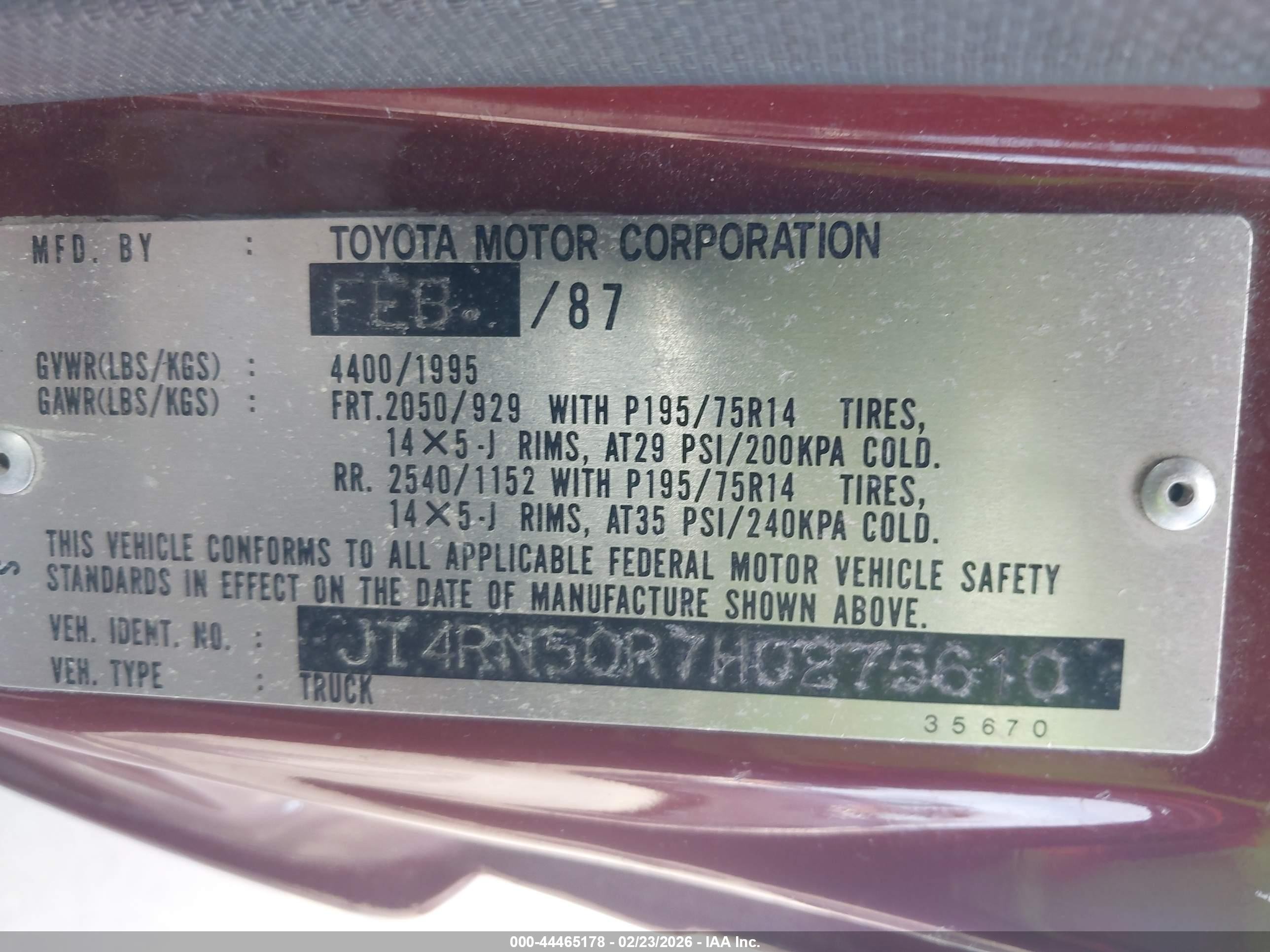 1987 Toyota Pickup 1/2 Ton Rn50 Burgundy vin: JT4RN50R7H0275610