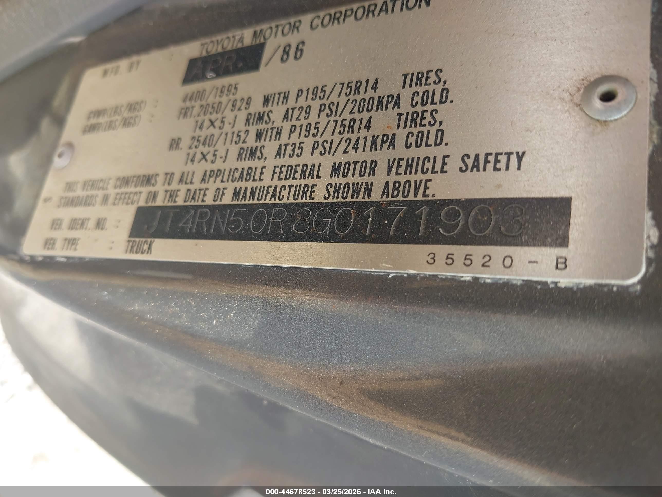 1986 Toyota Pickup 1/2 Ton Rn50 Gray vin: JT4RN50R8G0171903