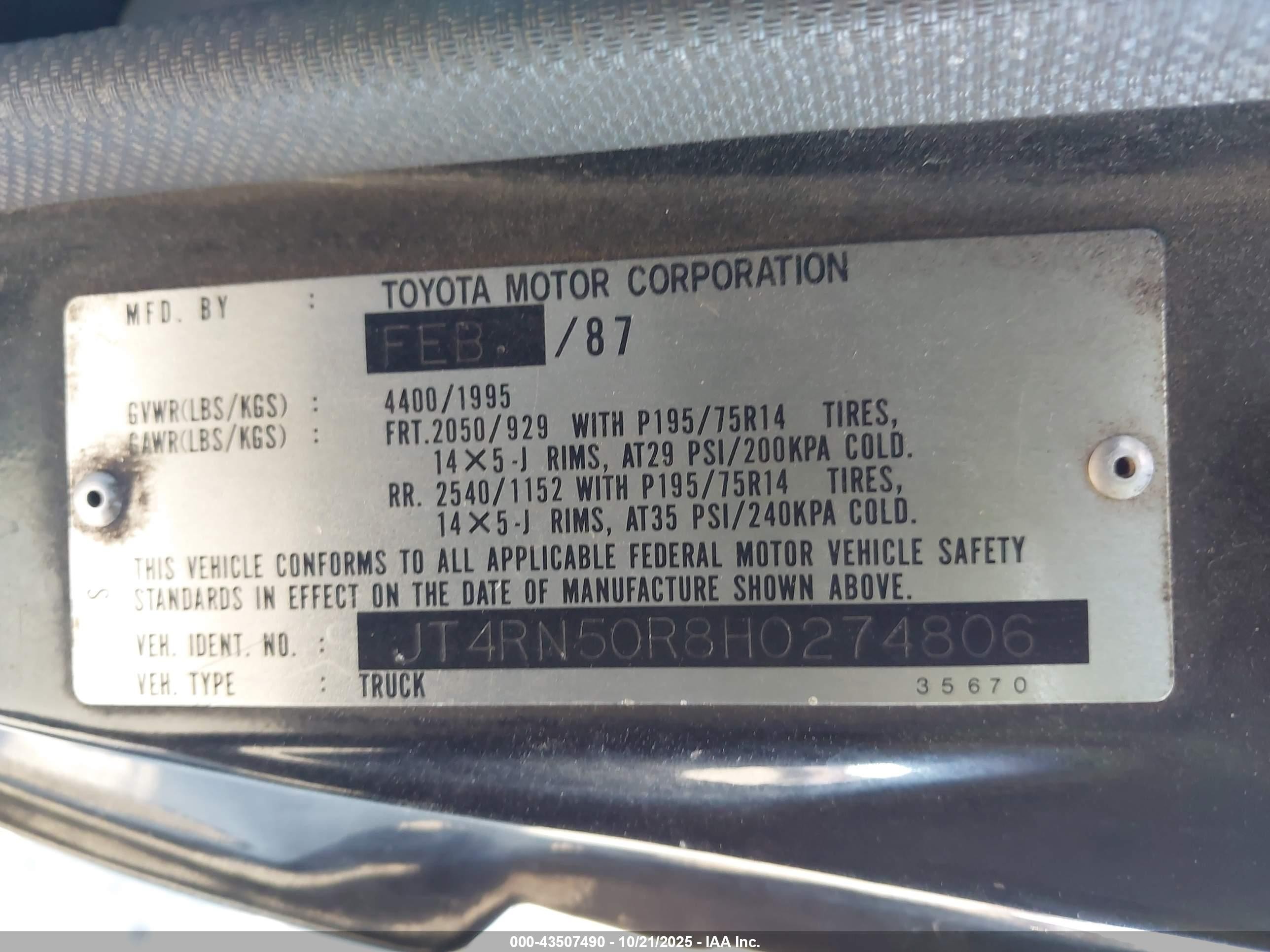 1987 Toyota Pickup 1/2 Ton Rn50 Black vin: JT4RN50R8H0274806