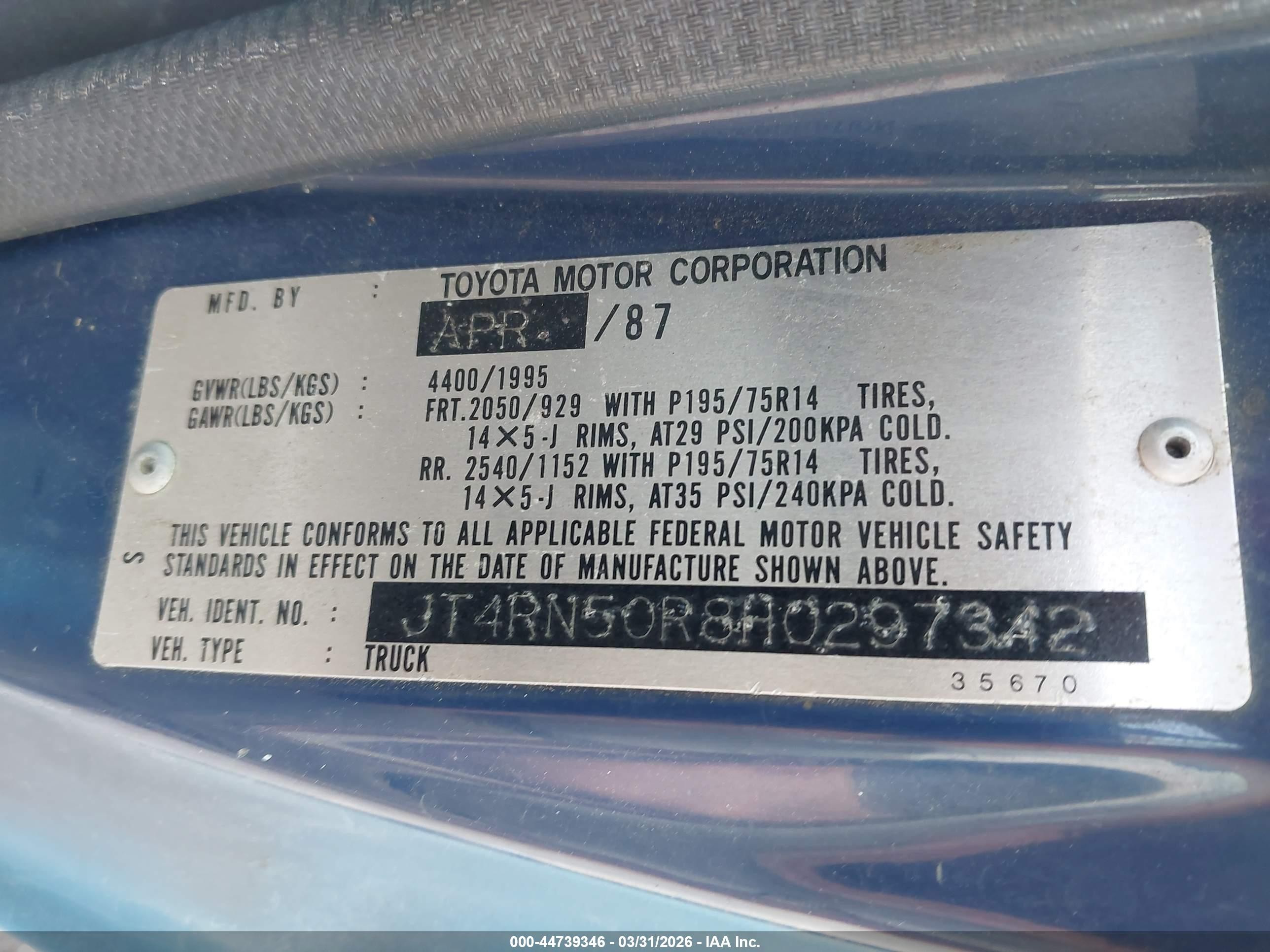 1987 Toyota Pickup 1/2 Ton Rn50 Blue vin: JT4RN50R8H0297342