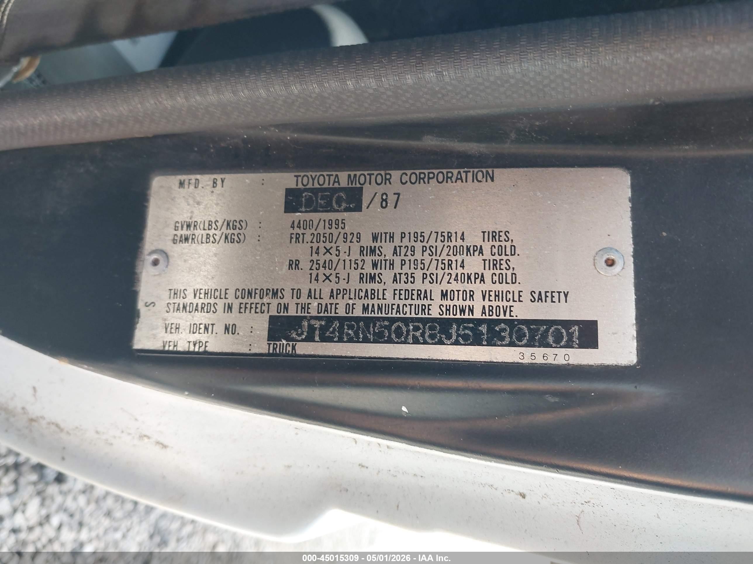 1988 Toyota Pickup 1/2 Ton Rn50 Gray vin: JT4RN50R8J5130701