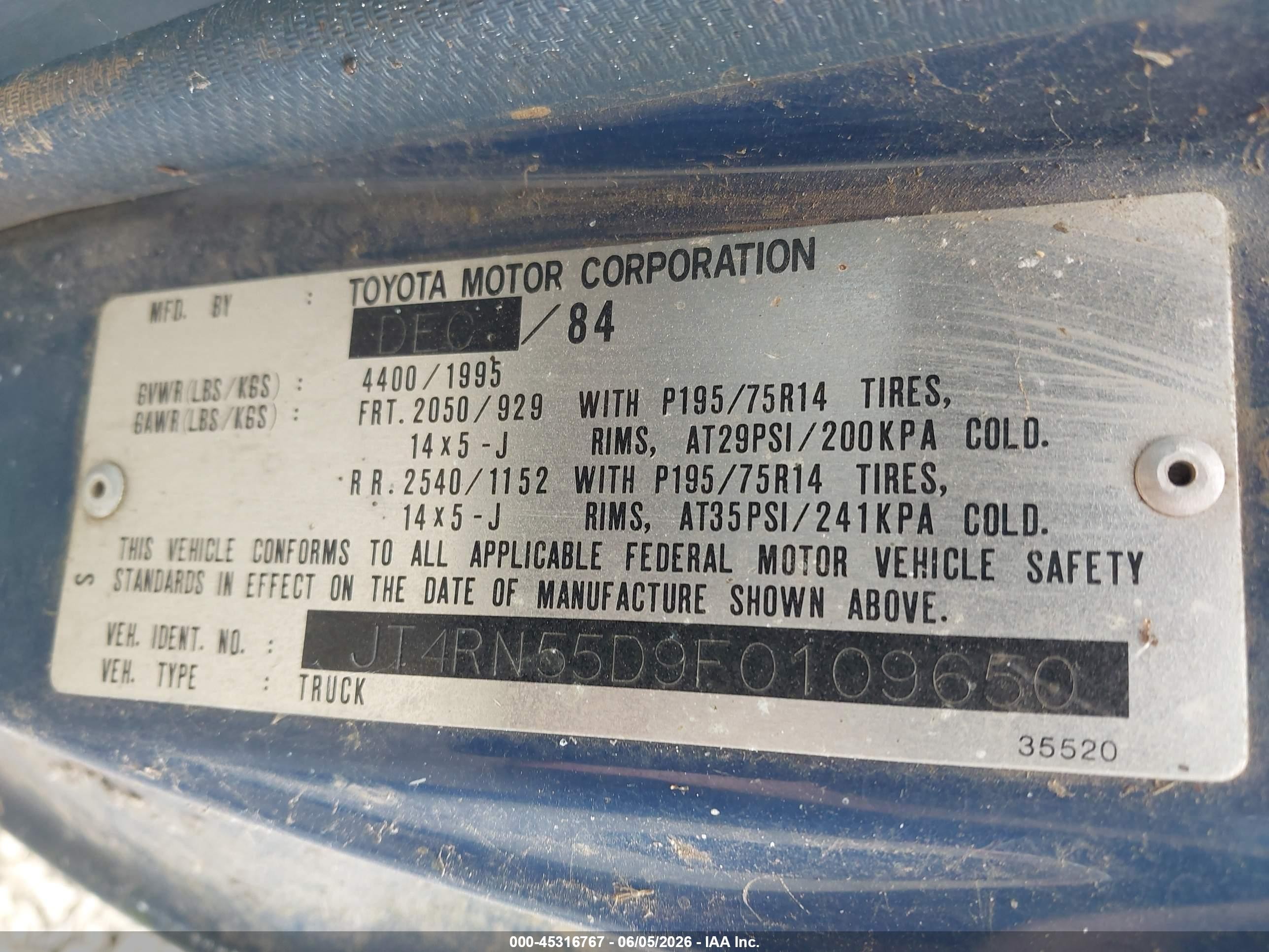 1985 Toyota Pickup 1/2 Ton Rn55 Dlx Blue vin: JT4RN55D9F0109650