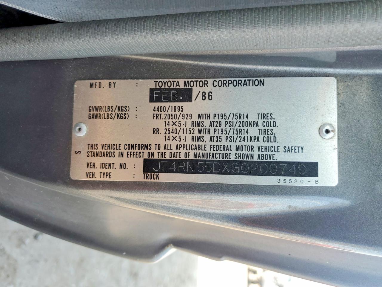 1986 Toyota Pickup 1/2 Ton Rn55 Dlx Gray vin: JT4RN55DXG0200749