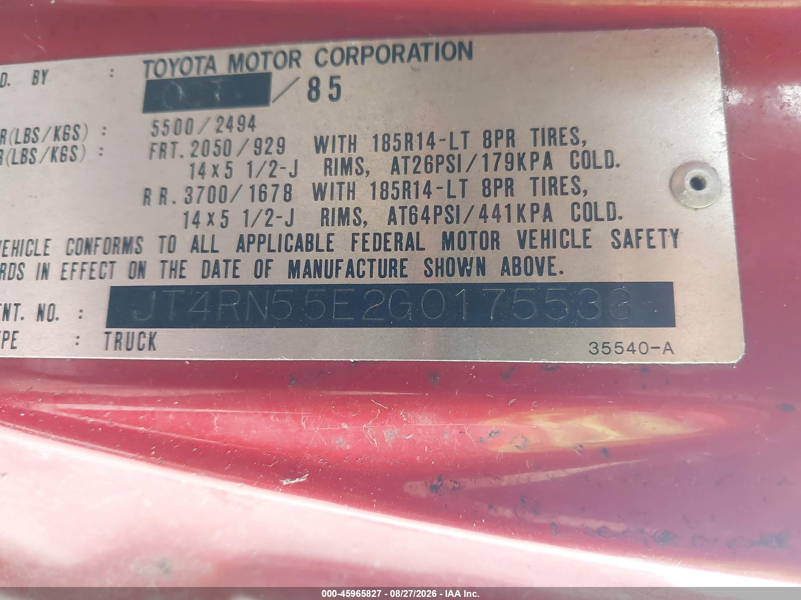 1986 Toyota Pickup 1 Ton Long Bed Rn55 Red vin: JT4RN55E2G0175533
