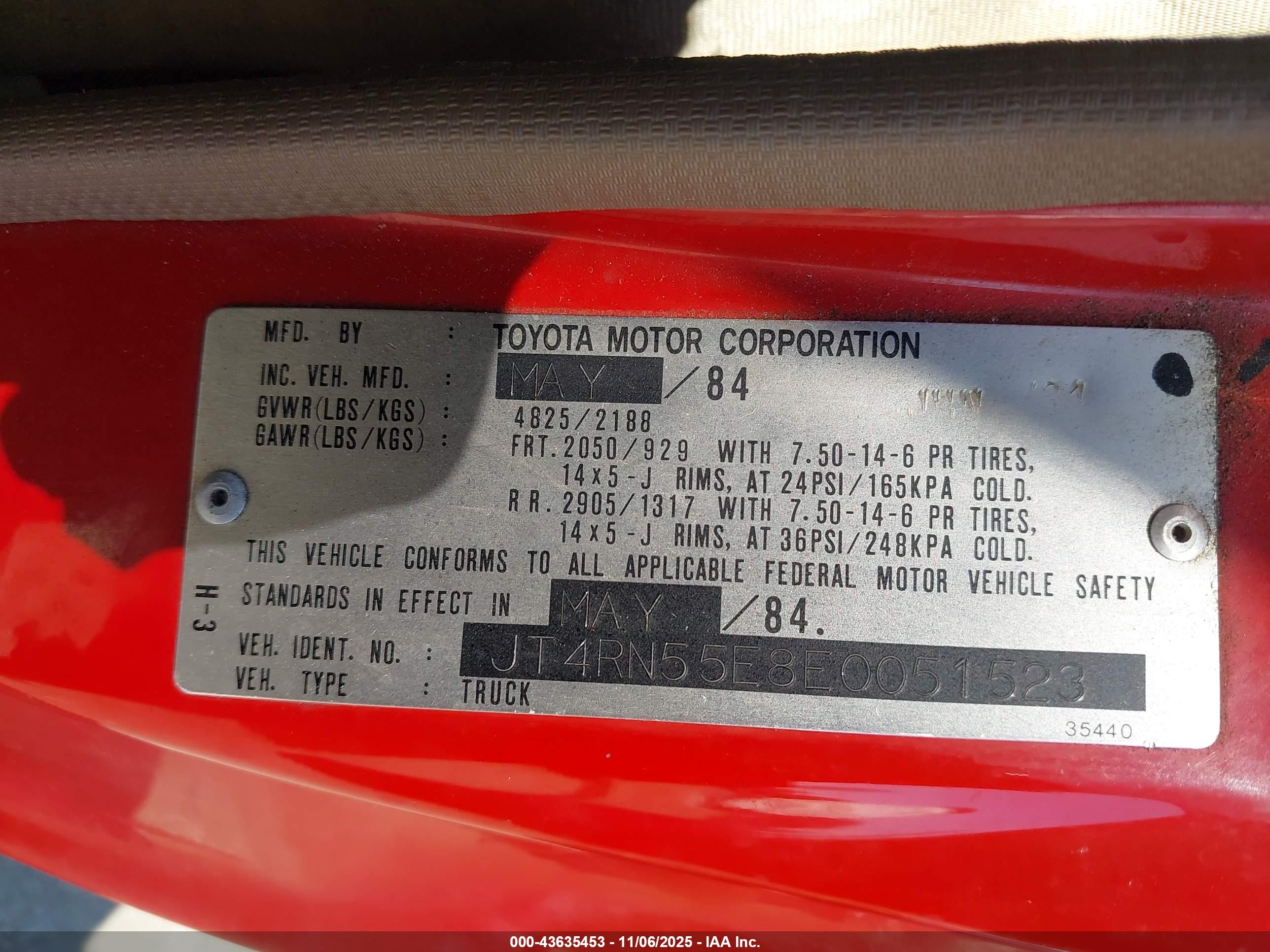 1984 Toyota Pickup 3/4 Ton Long Bed Rn55 Red vin: JT4RN55E8E0051523
