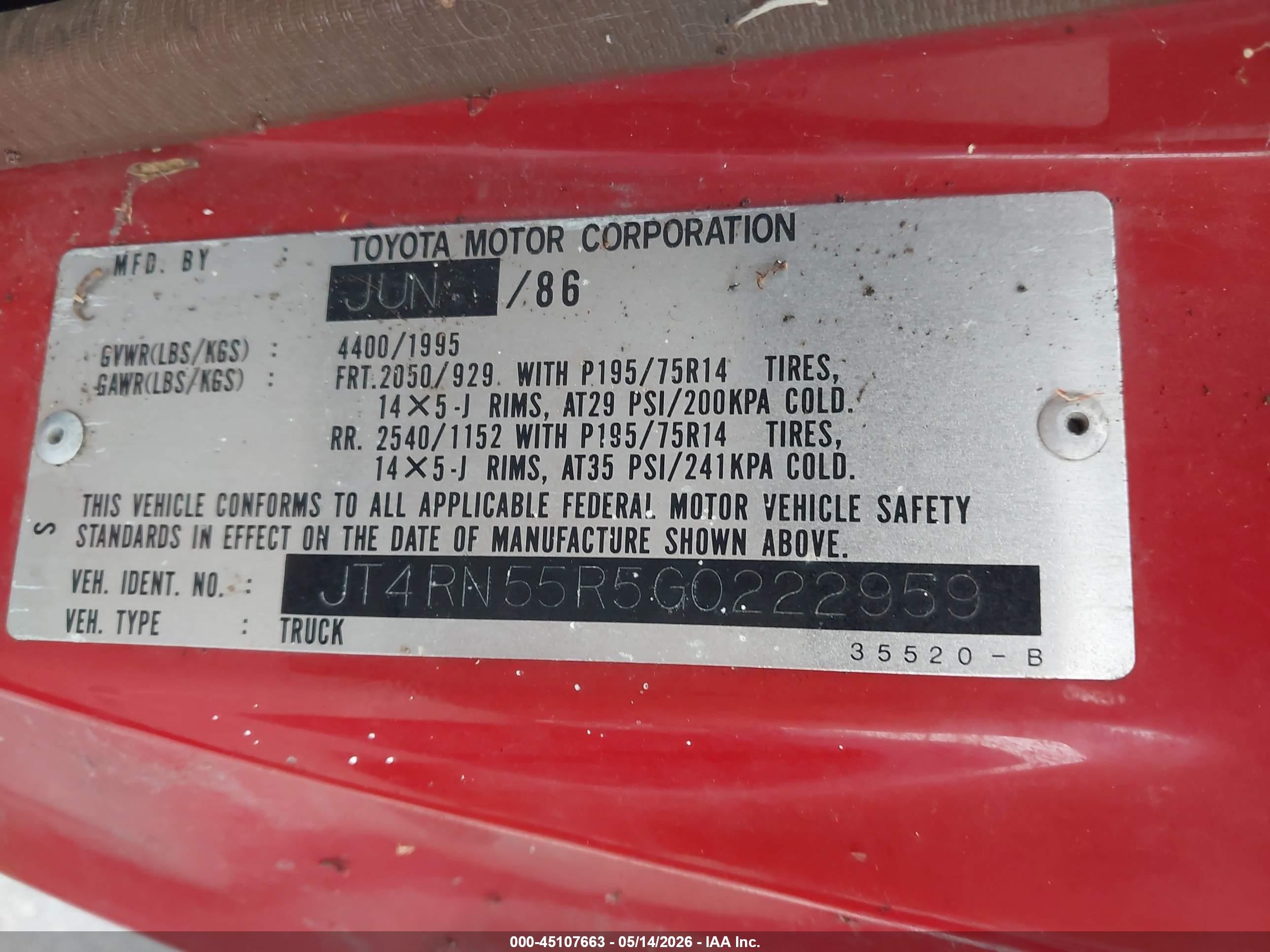1986 Toyota Pickup 1/2 Ton Rn55 Red vin: JT4RN55R5G0222959
