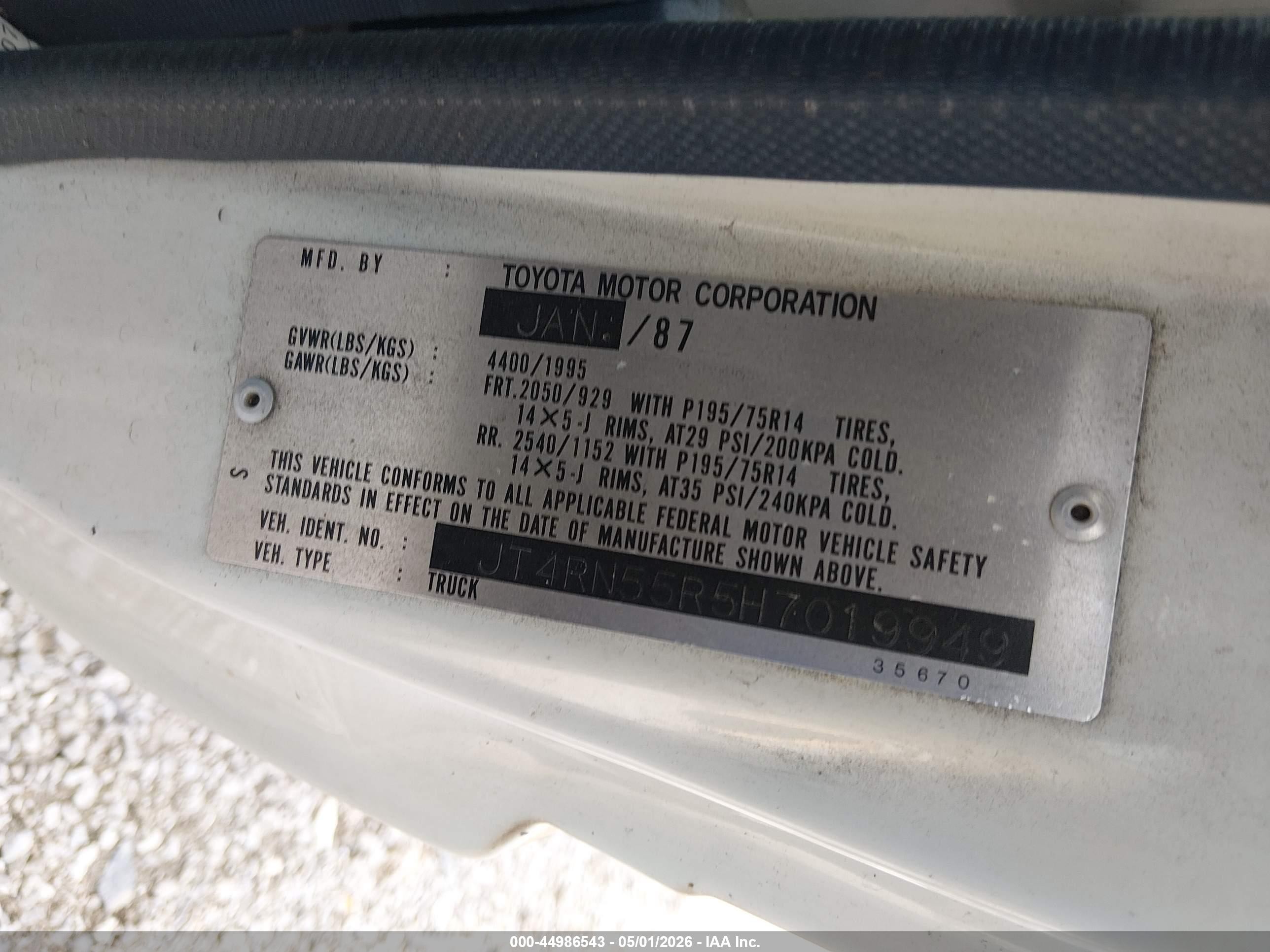 1987 Toyota Pickup 1/2 Ton Rn55 White vin: JT4RN55R5H7019949
