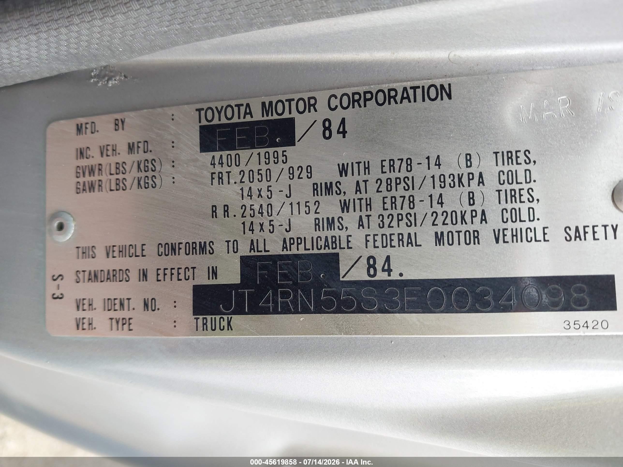 1984 Toyota Pickup 1/2 Ton Rn55 Sr5 Silver vin: JT4RN55S3E0034098