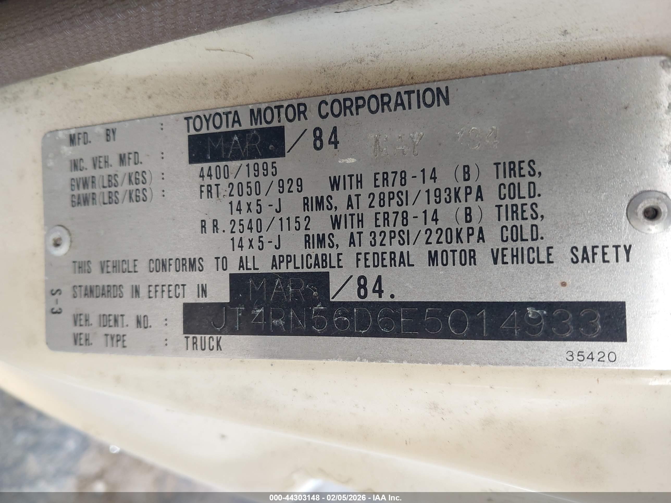 1984 Toyota Pickup Xtracab Rn56 Dlx White vin: JT4RN56D6E5014933