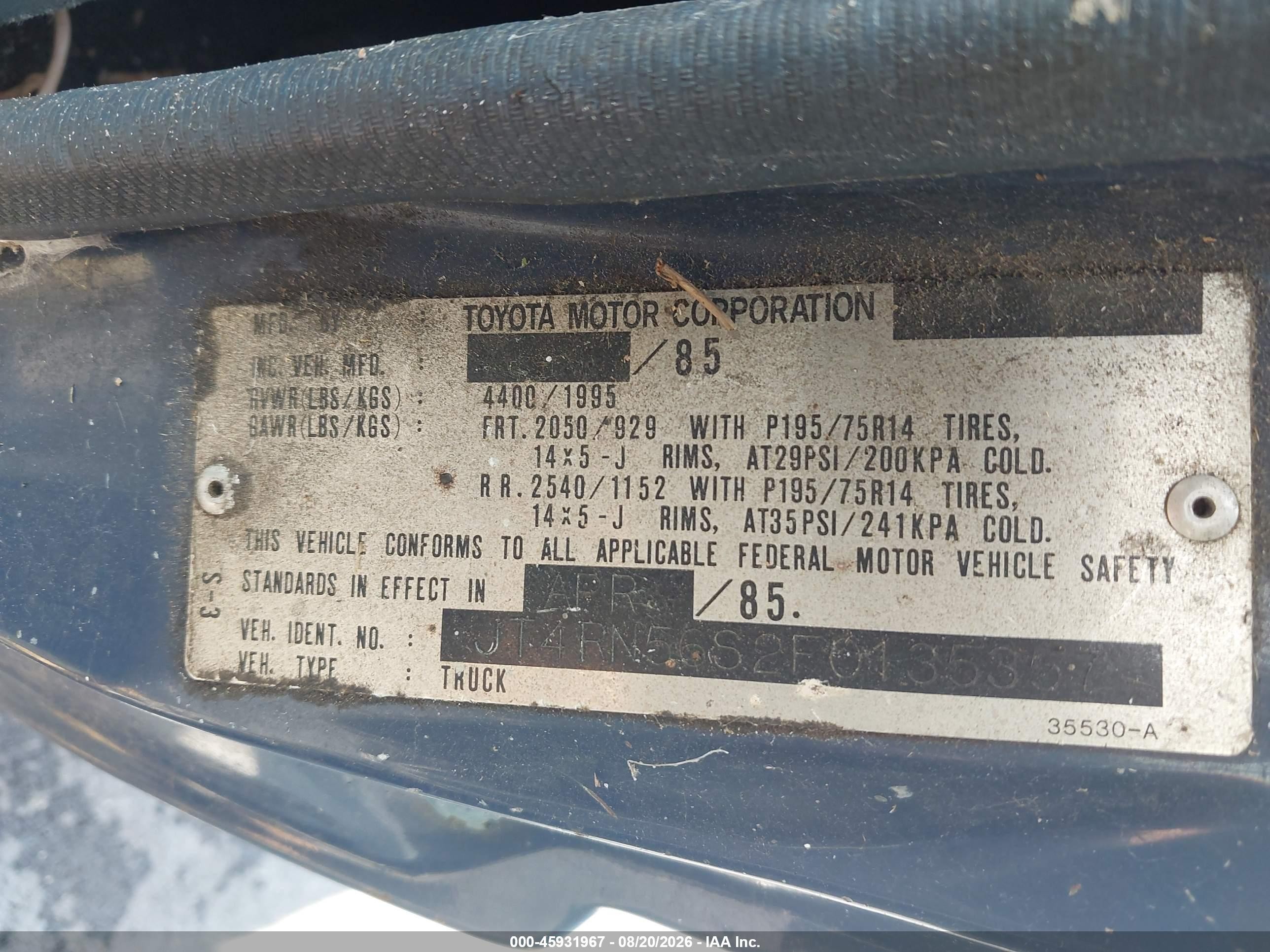 1985 Toyota Pickup Xtracab Rn56 Sr5 Blue vin: JT4RN56S2F0135357