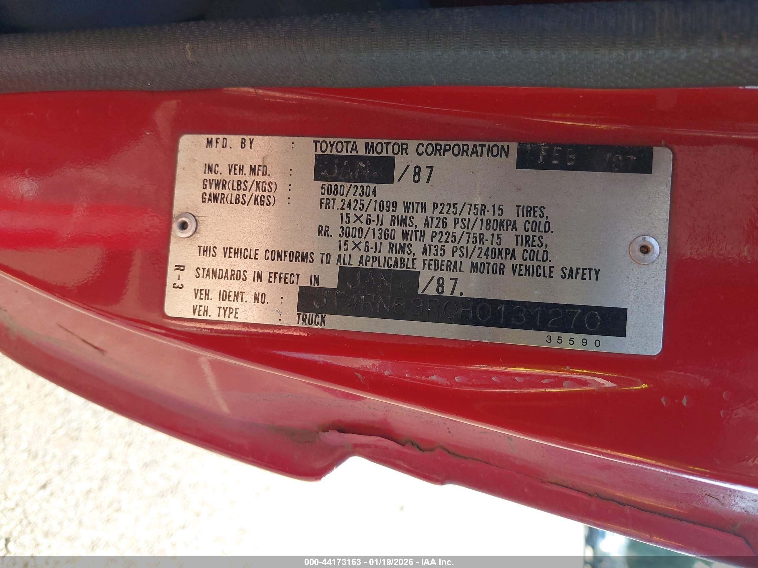 1987 Toyota Pickup Rn63 Std Red vin: JT4RN63R0H0131270