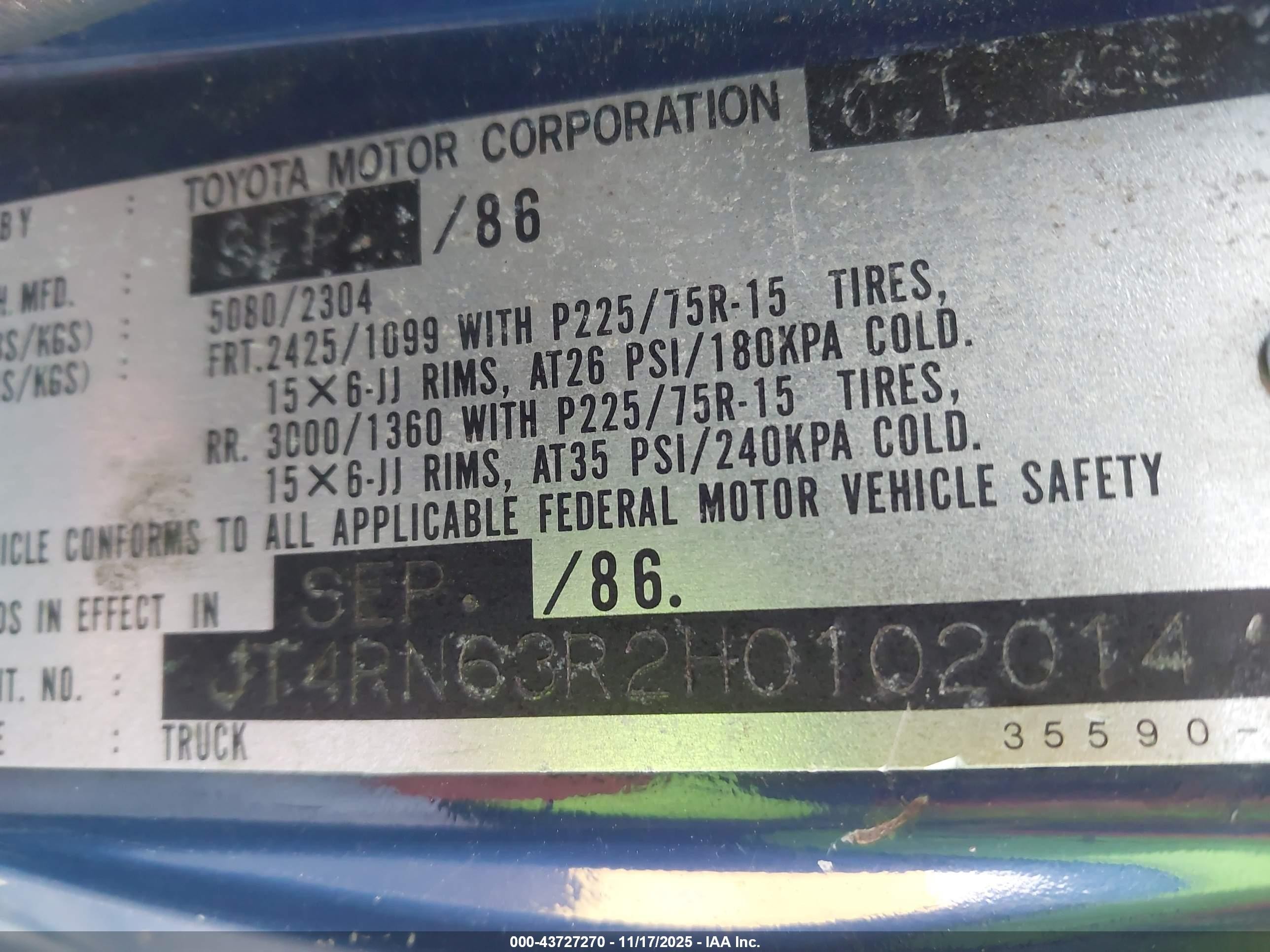 1987 Toyota Pickup Rn63 Std Blue vin: JT4RN63R2H0102014