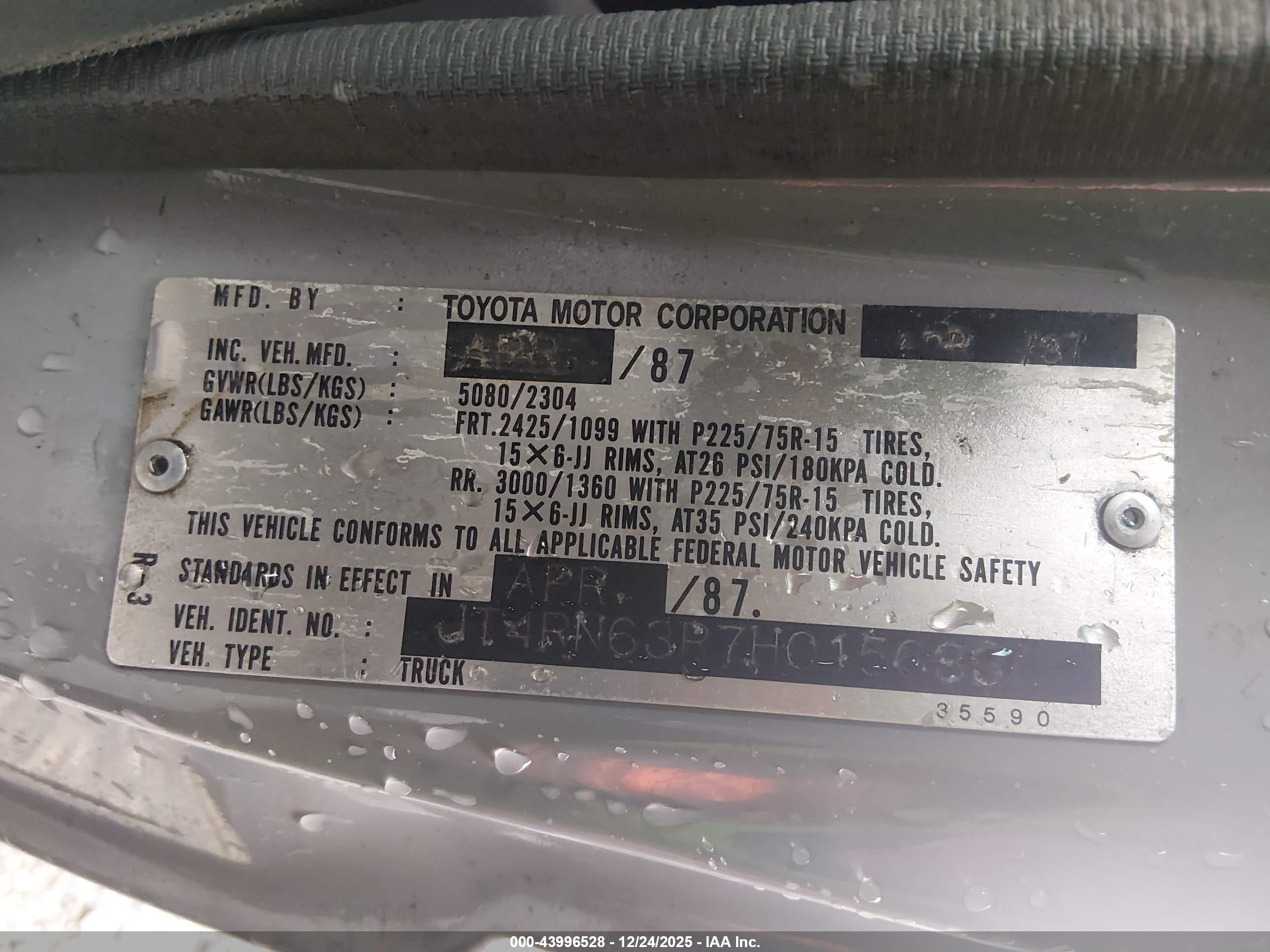 1987 Toyota Pickup Rn63 Std Gray vin: JT4RN63R7H0156330