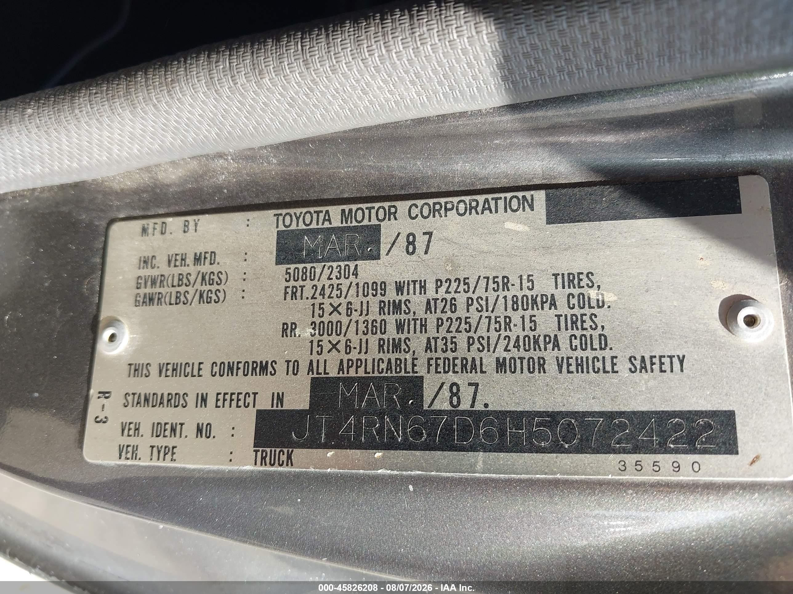 1987 Toyota Pickup Xtracab Rn67 Dlx Gray vin: JT4RN67D6H5072422