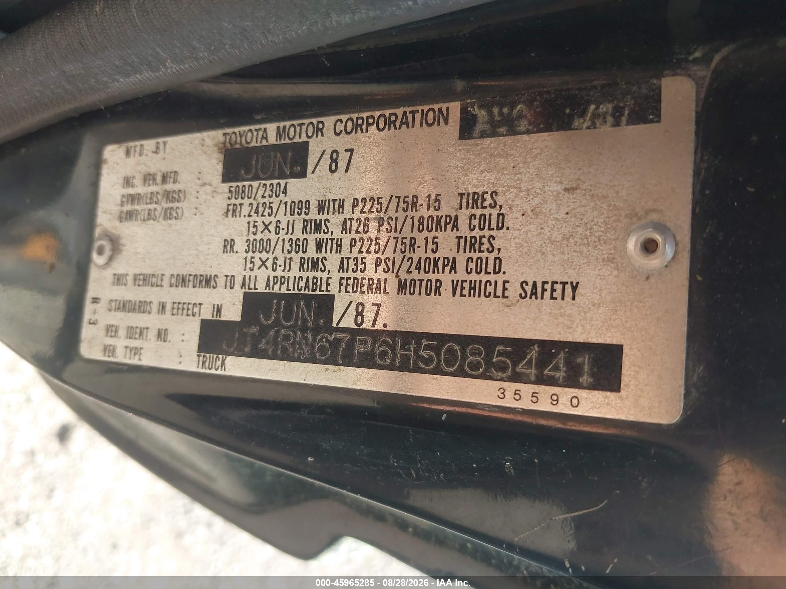 1987 Toyota Pickup Xtracab Rn67 Dlx Black vin: JT4RN67P6H5085441