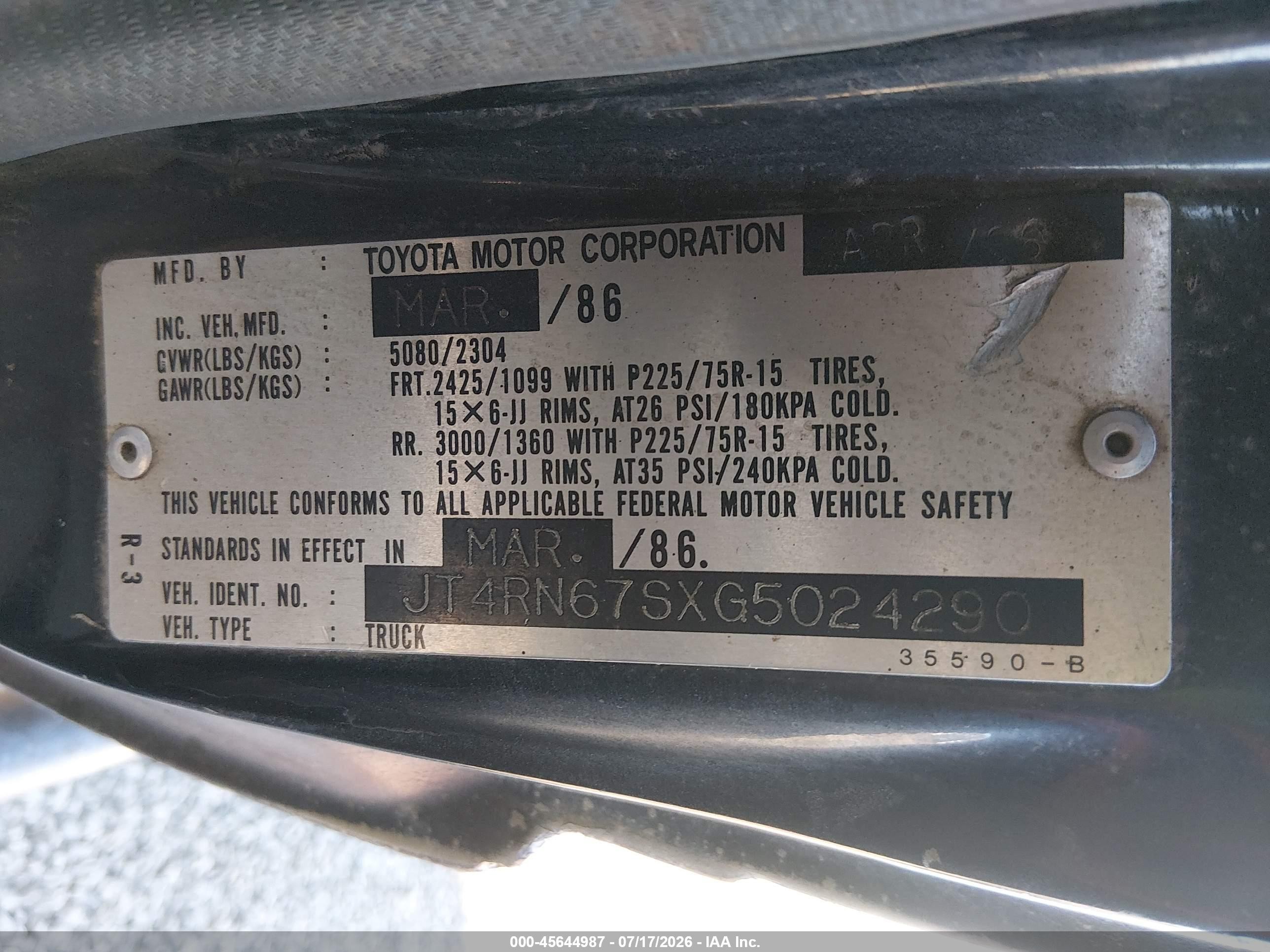 1986 Toyota Pickup Xtracab Rn66 Sr5 Black vin: JT4RN67SXG5024290