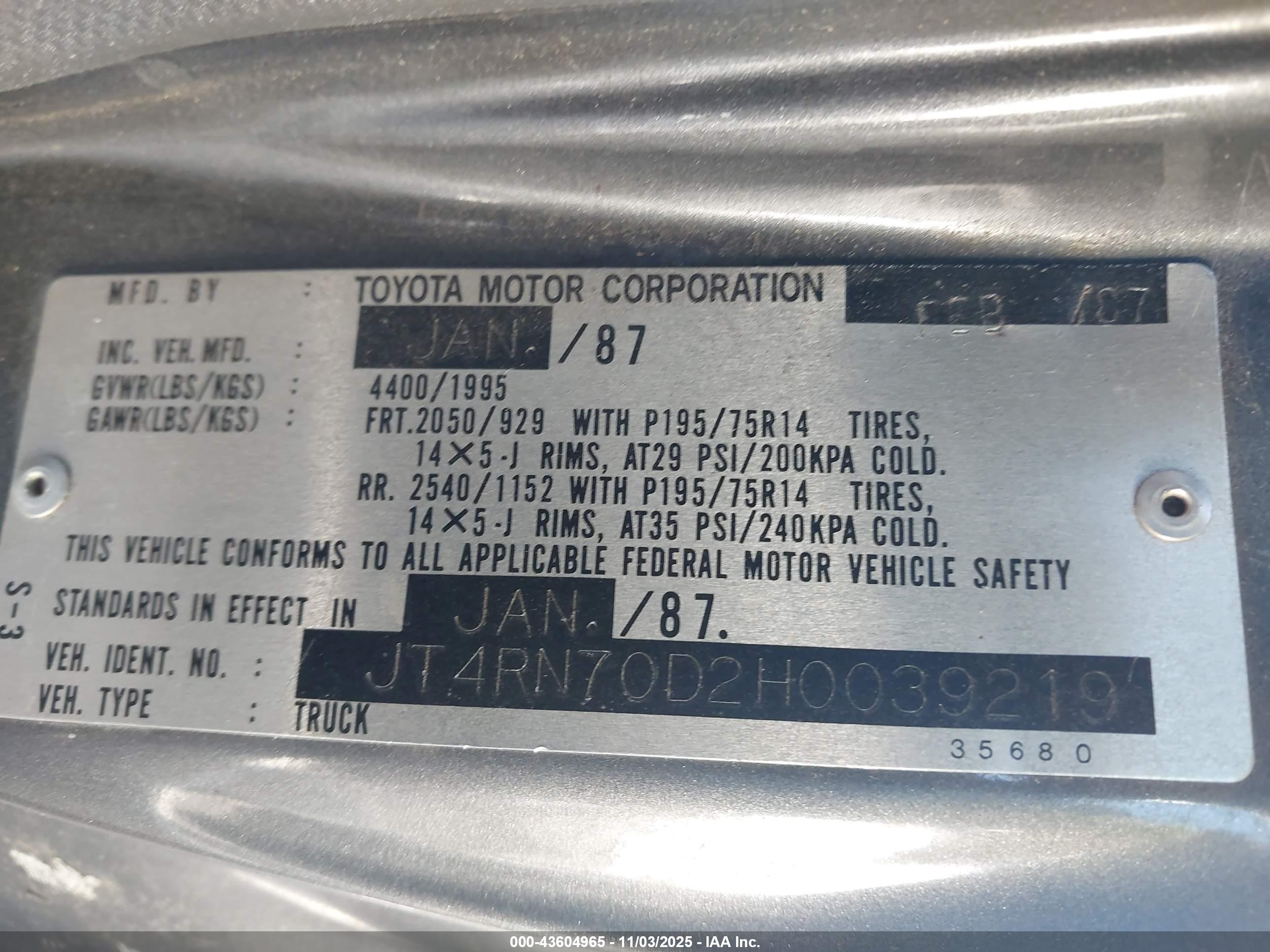 1987 Toyota Pickup Xtracab Rn70 Dlx Gray vin: JT4RN70D2H0039219