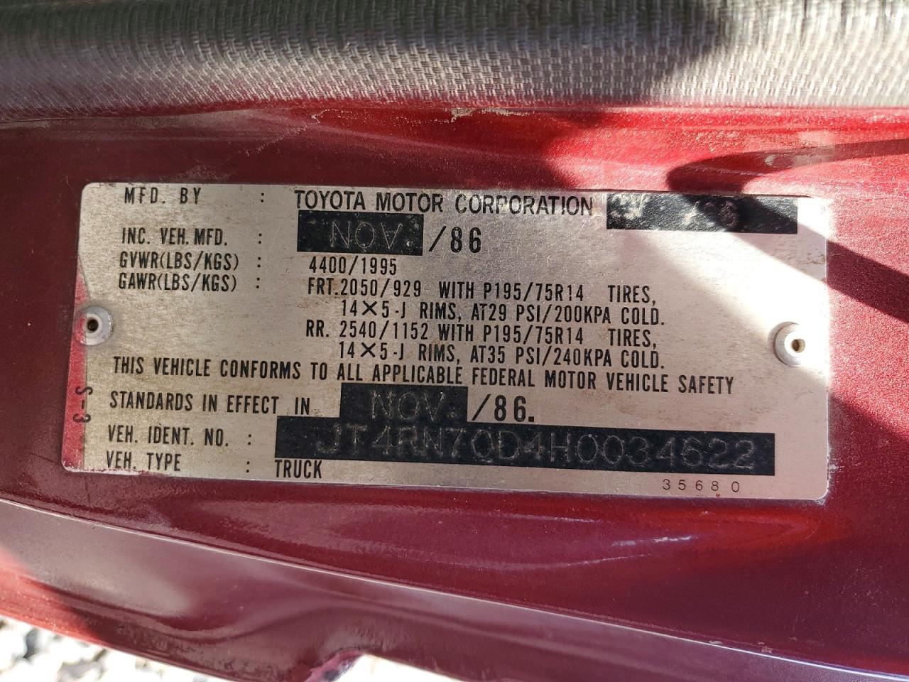 1987 Toyota Pickup Xtracab Rn70 Dlx Red vin: JT4RN70D4H0034622
