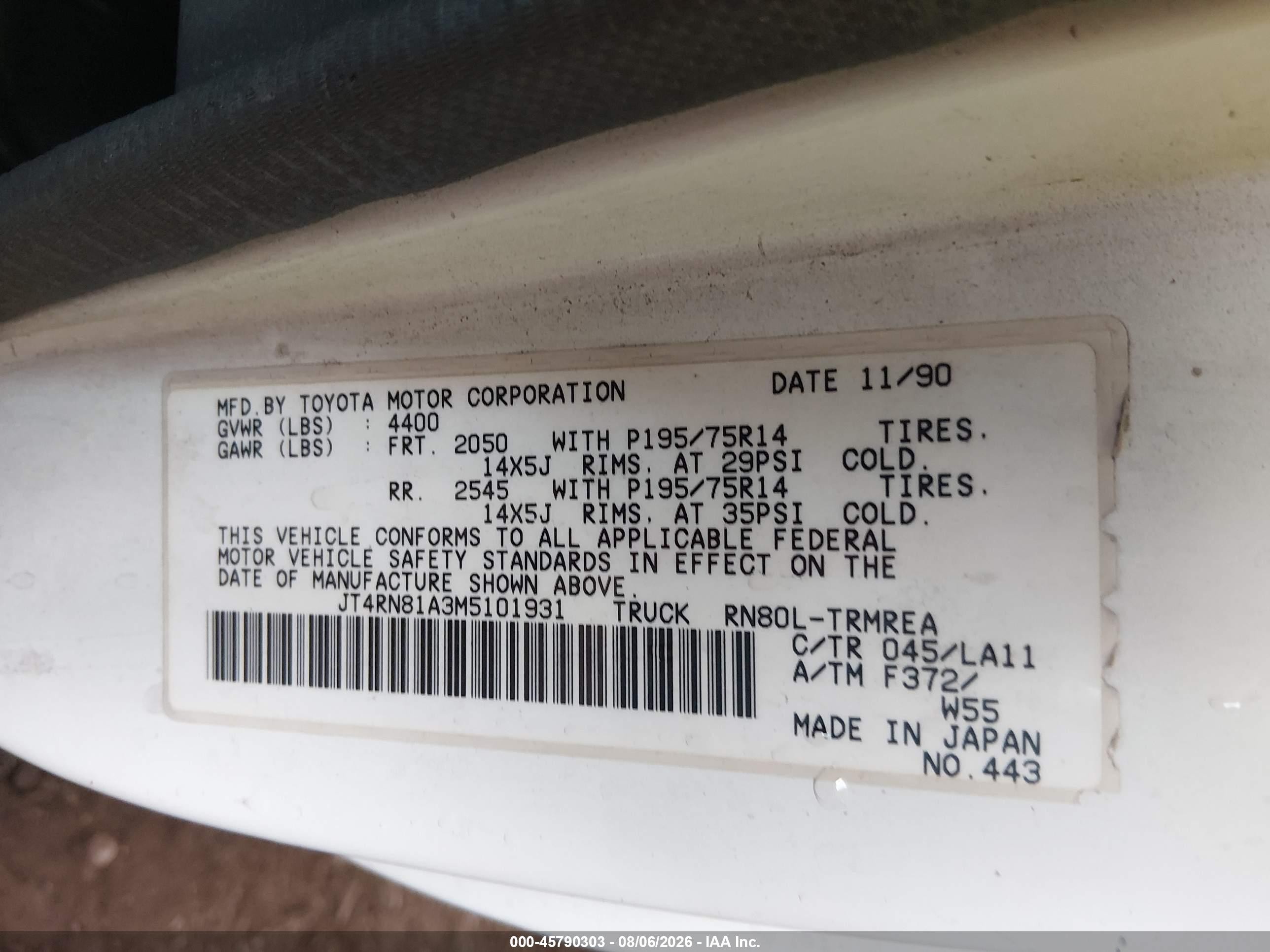 1991 Toyota Pickup 1/2 Ton Short Wheelbase White vin: JT4RN81A3M5101931