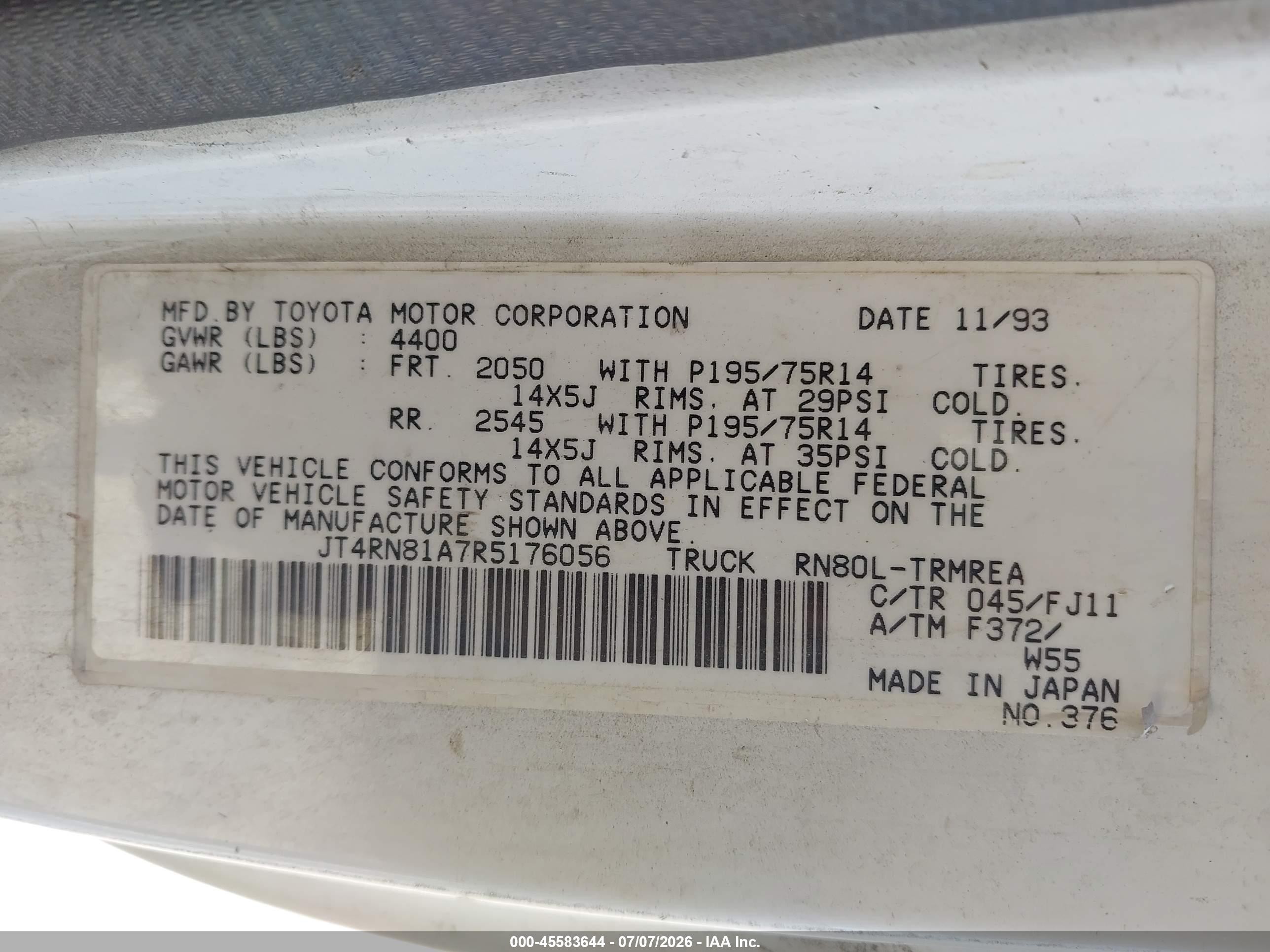 1994 Toyota Pickup 1/2 Ton Short Wheelbase White vin: JT4RN81A7R5176056