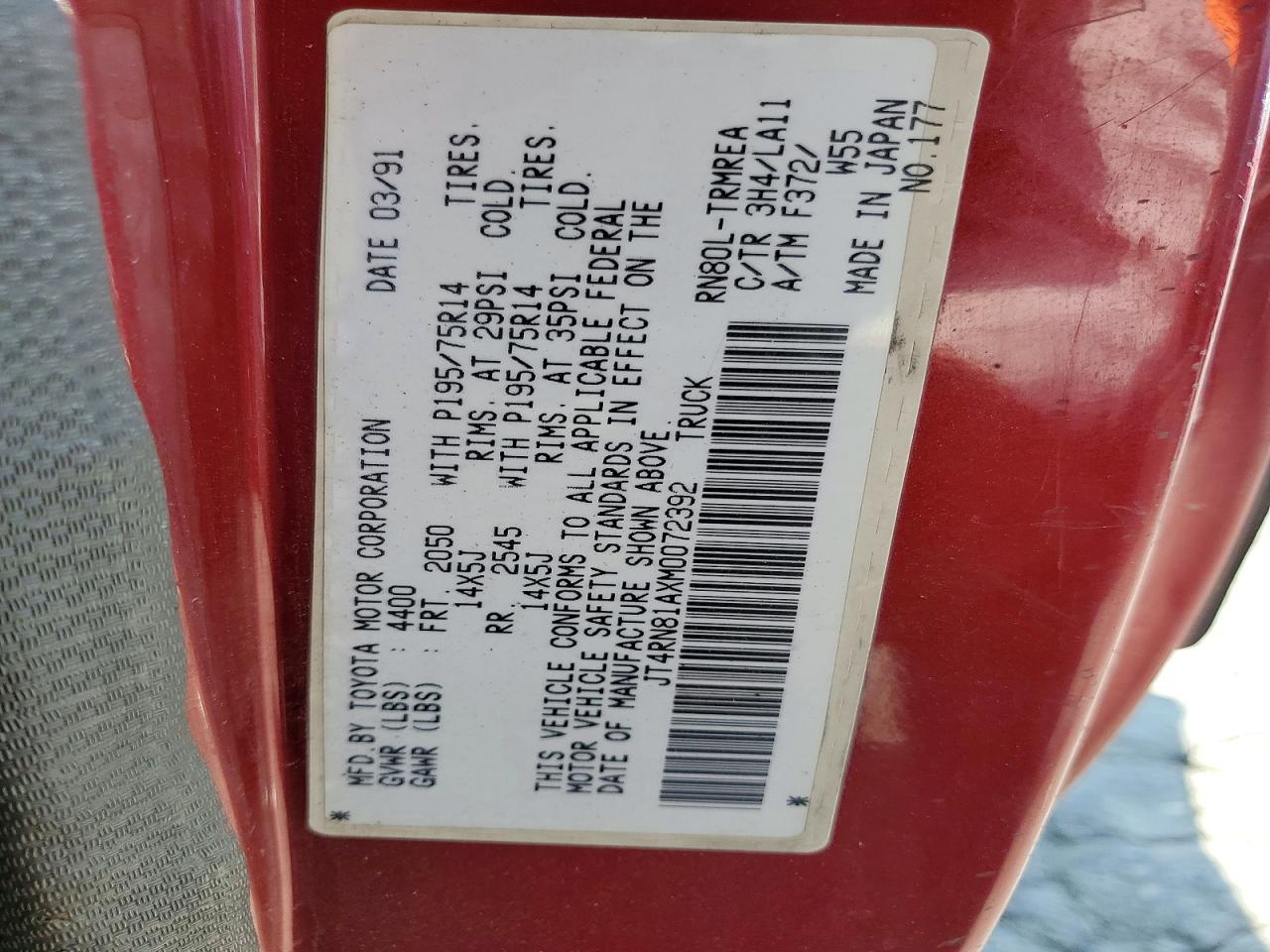 1991 Toyota Pickup Base Burgundy vin: JT4RN81AXM0072392