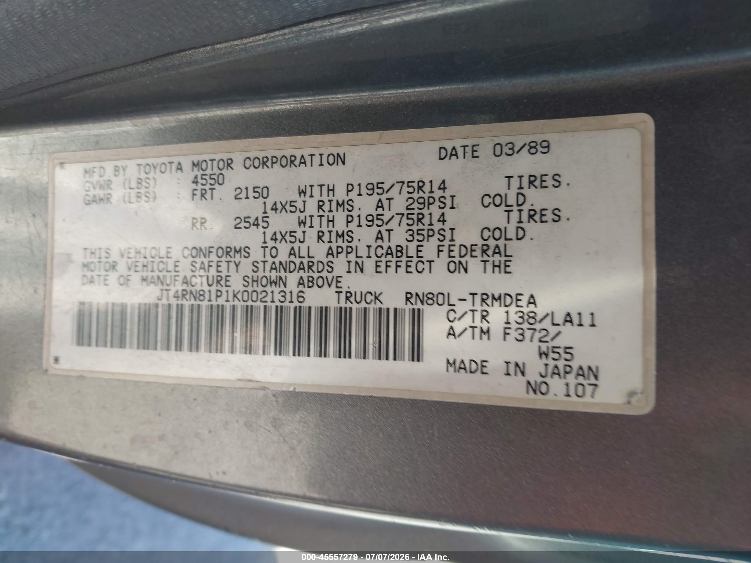 1989 Toyota Pickup 1/2 Ton Sht Wheelbase Dlx Gray vin: JT4RN81P1K0021316