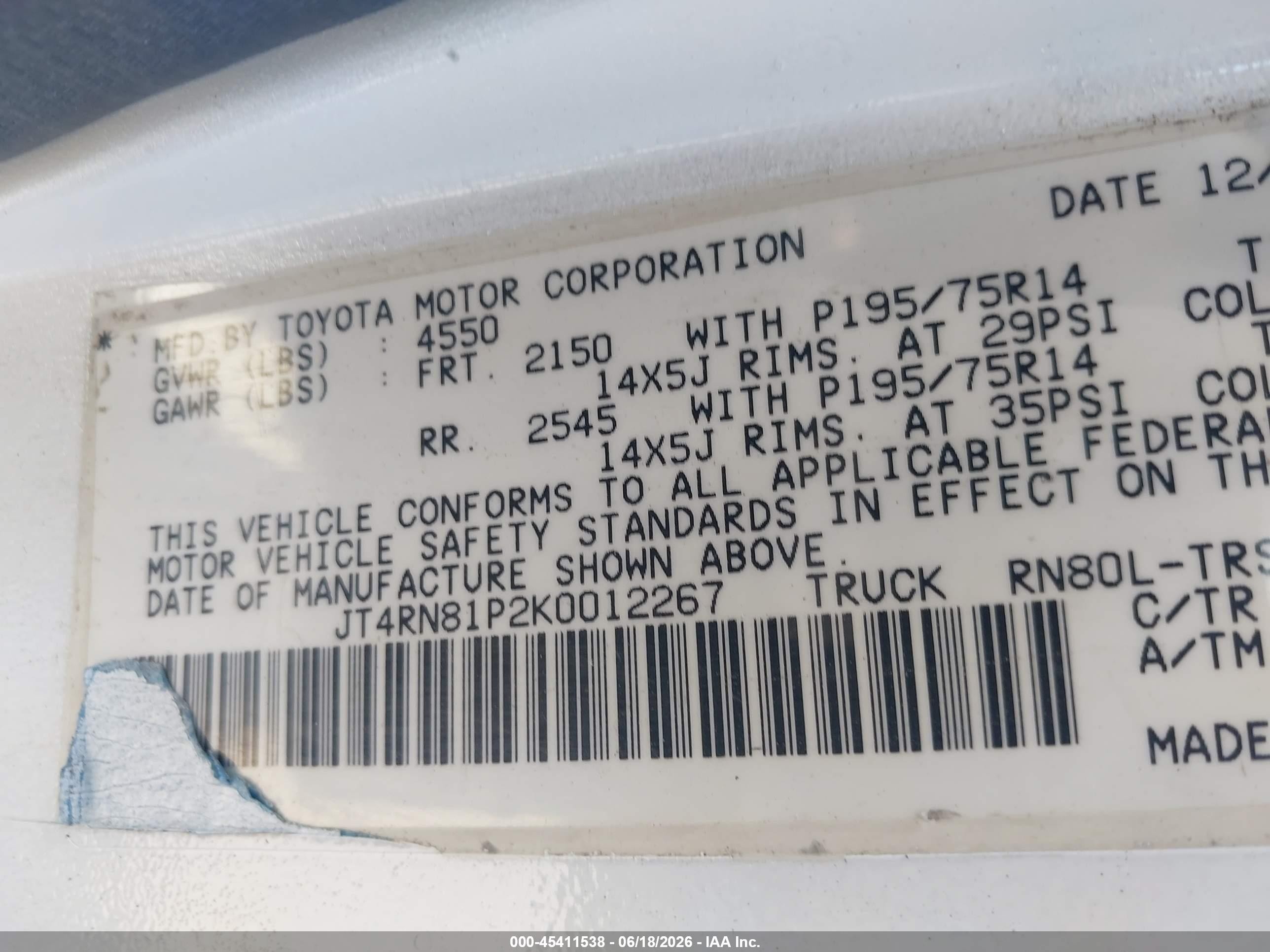 1989 Toyota Pickup 1/2 Ton Sht Wheelbase Dlx White vin: JT4RN81P2K0012267