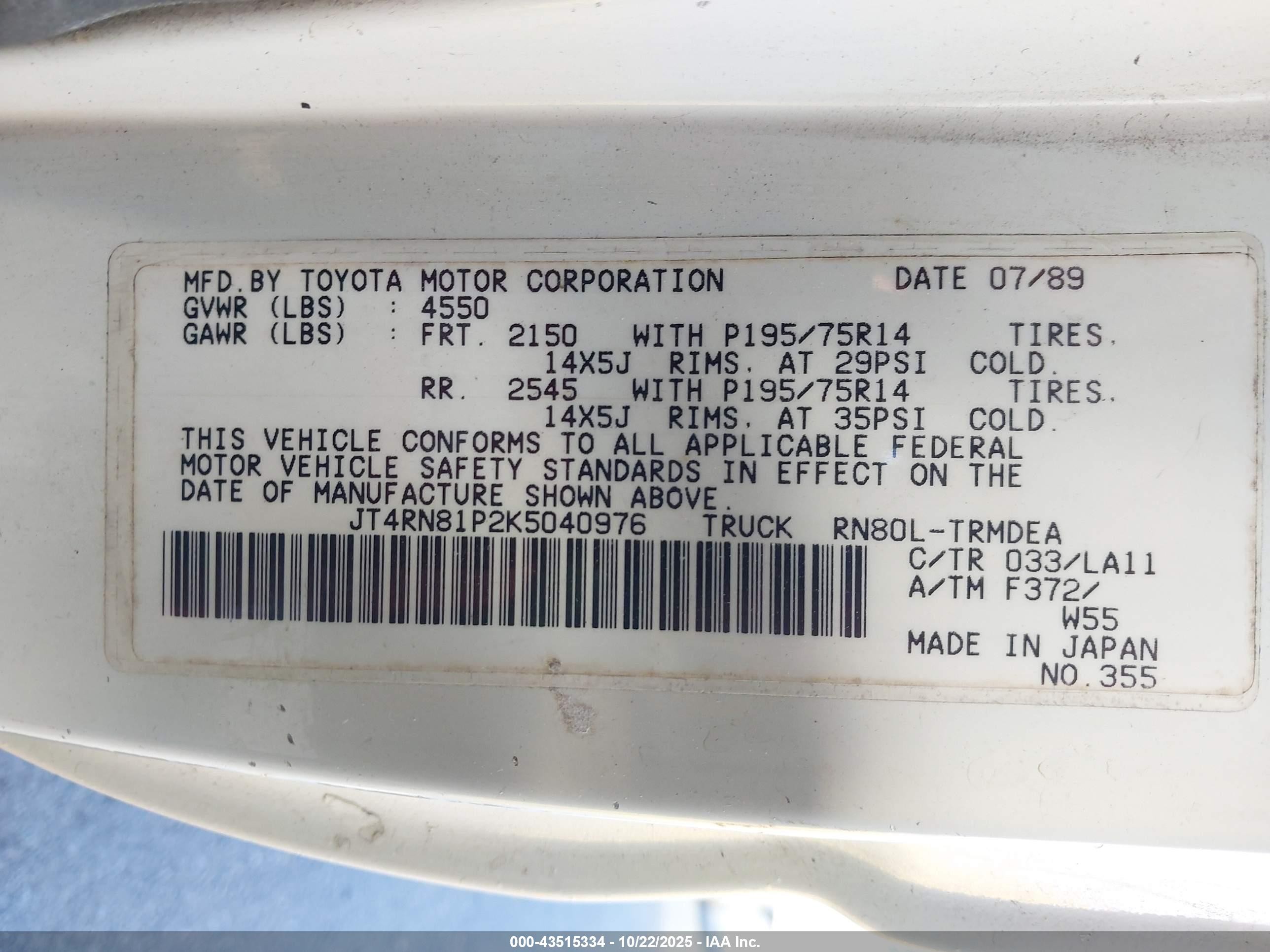 1989 Toyota Pickup 1/2 Ton Sht Wheelbase Dlx White vin: JT4RN81P2K5040976