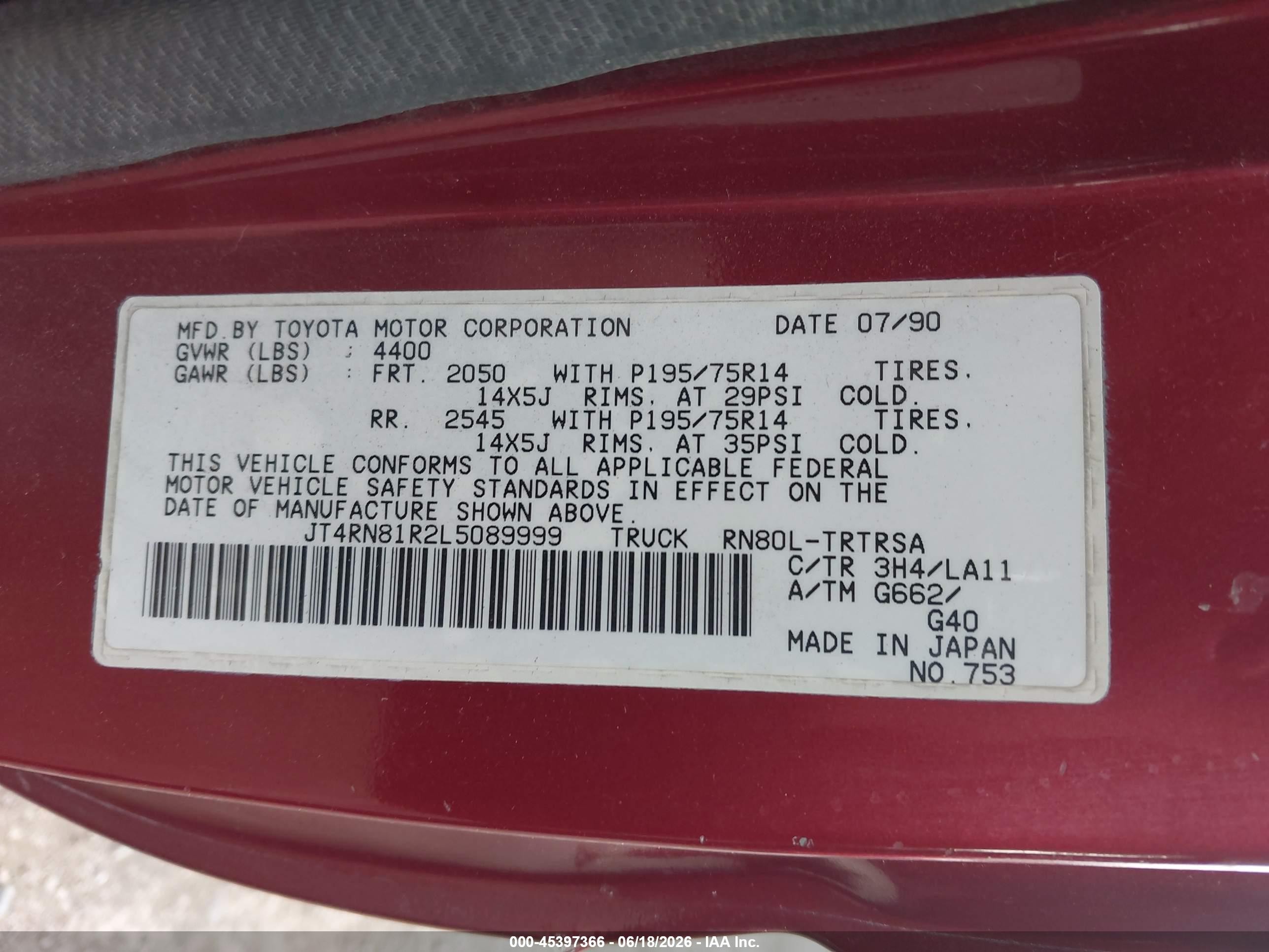 1990 Toyota Pickup 1/2 Ton Short Wheelbase Red vin: JT4RN81R2L5089999